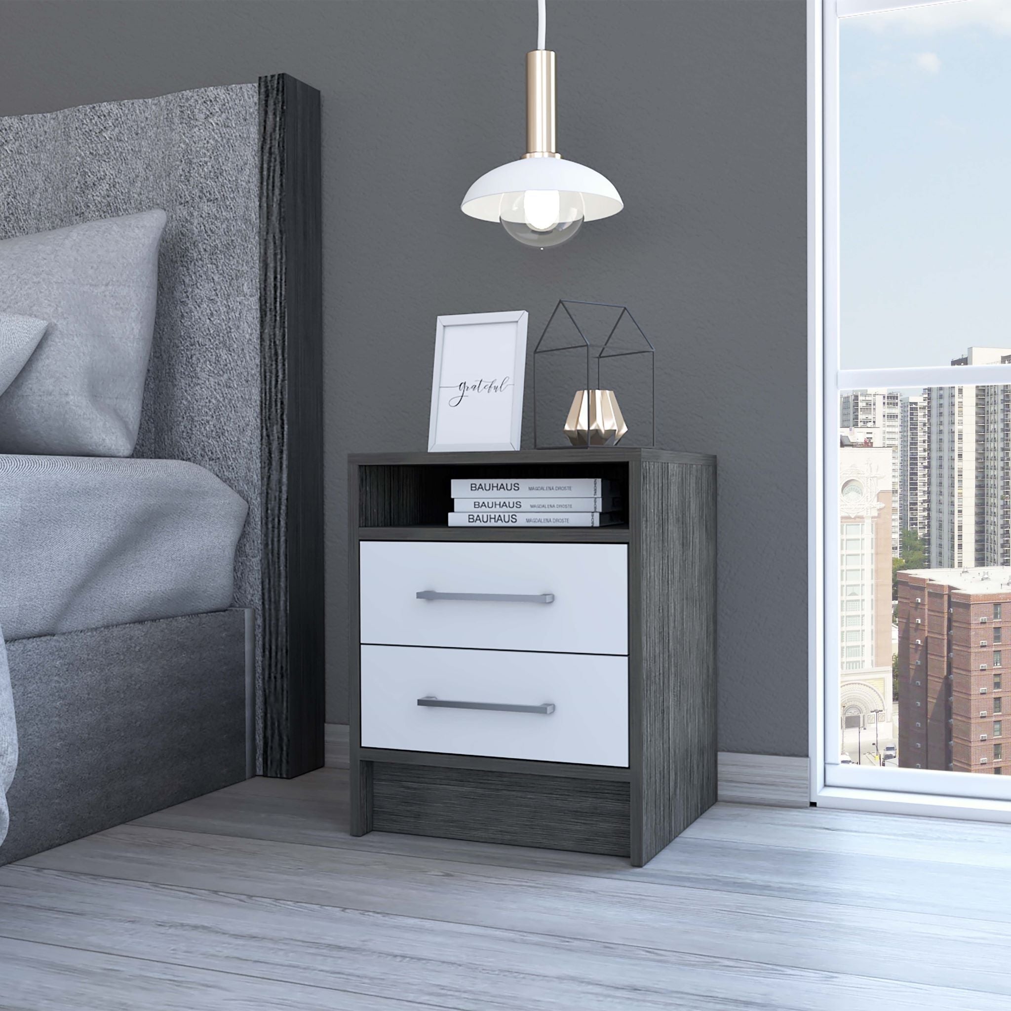 Boahaus Malaga Modern Nightstand with Open Shelf and Two Drawers | Contemporary Elegance