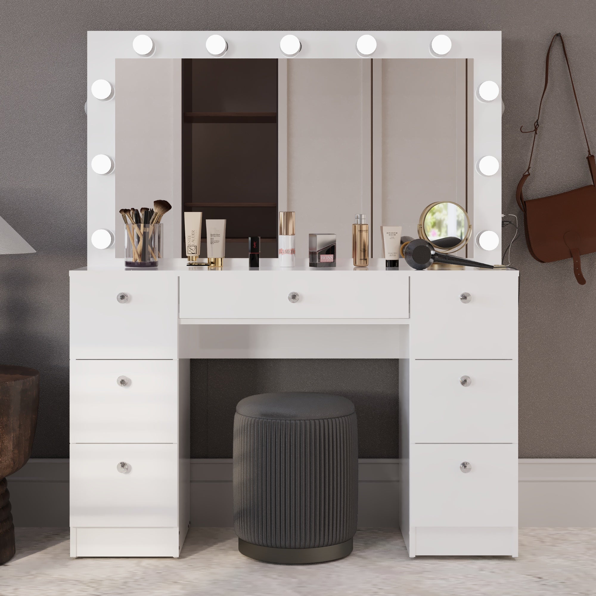 Boahaus Freya Makeup Vanity Desk with Lights, Crystal Knobs & Ample Storage