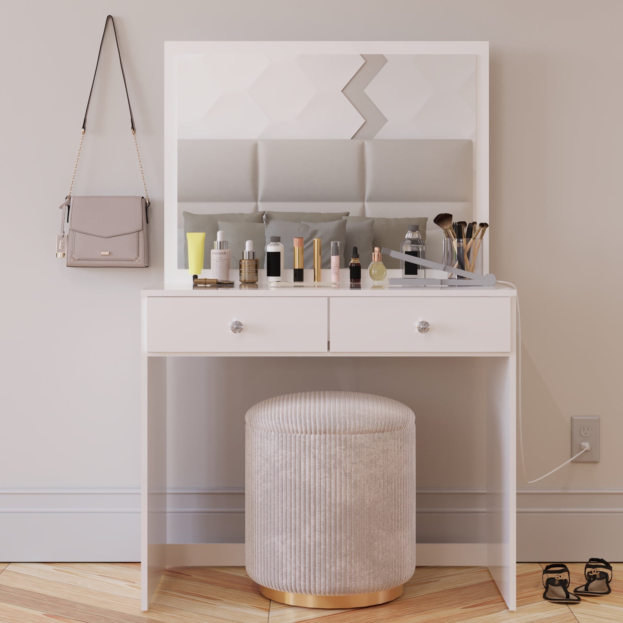 Boahaus Doris Makeup Vanity Table with Glass Top and Two Drawers | Elegance Redefined