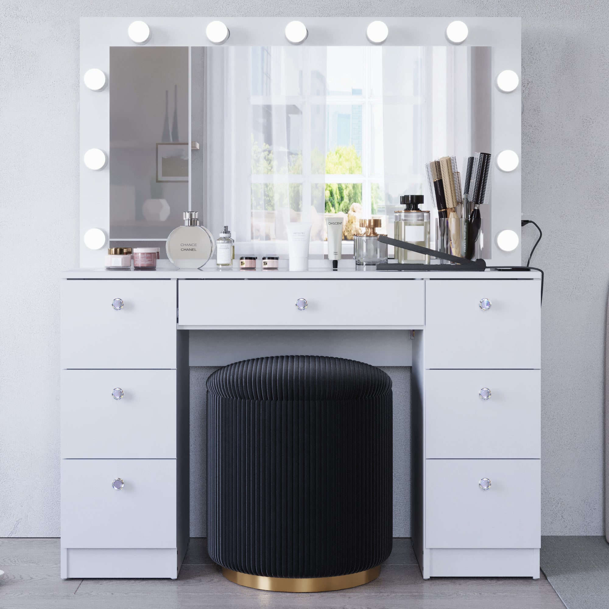 Wren Makeup Vanity with Luxurious Glass Top, Jewelry Divider, and Charging Station | Premium Boahaus Vanity
