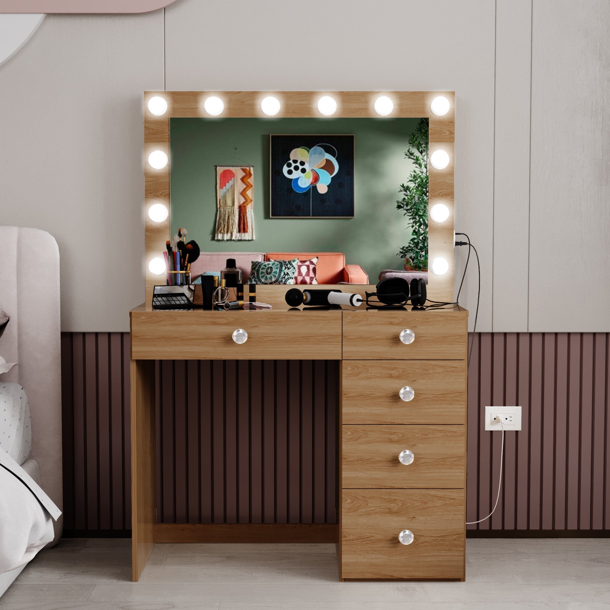 Boahaus Adele Makeup Vanity Table with Built-in Lights, USB Port & Glass top | Premium Design