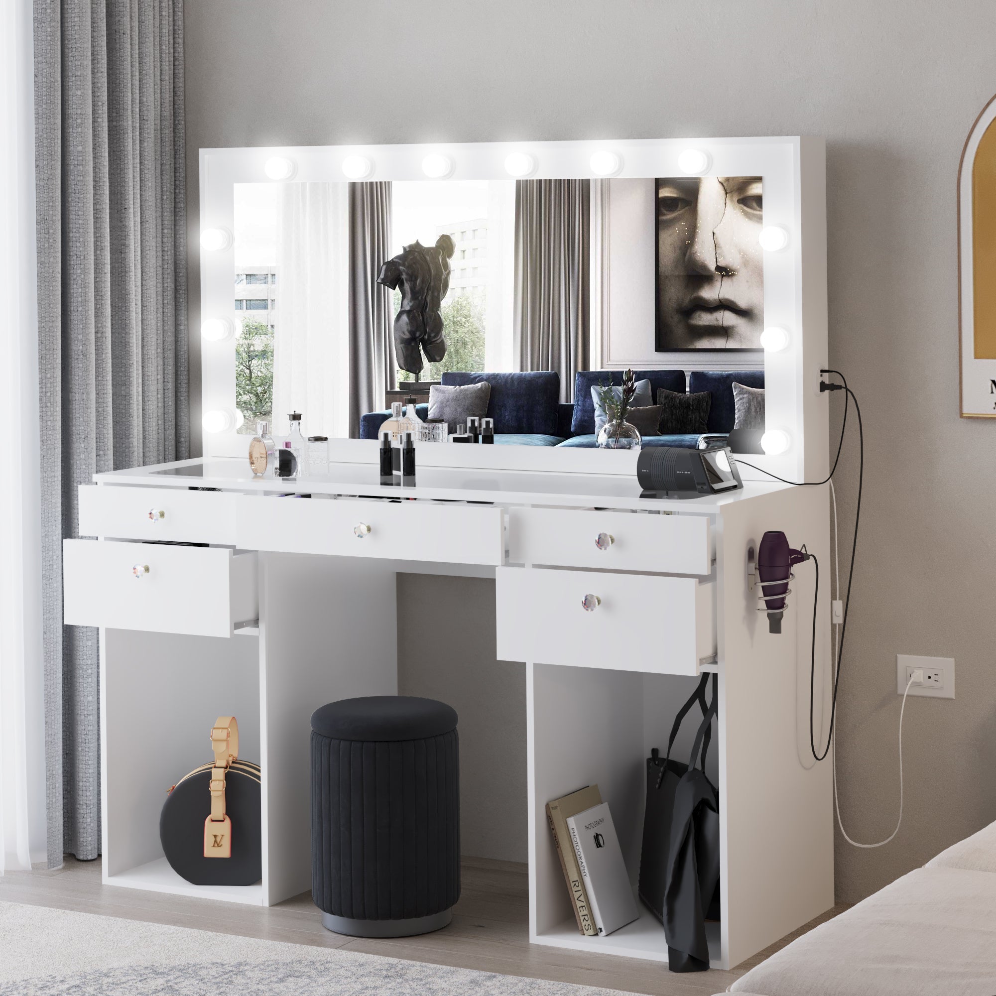 Boahaus Jezebel Lighted Vanity Table with Glass Top | White Premium Design