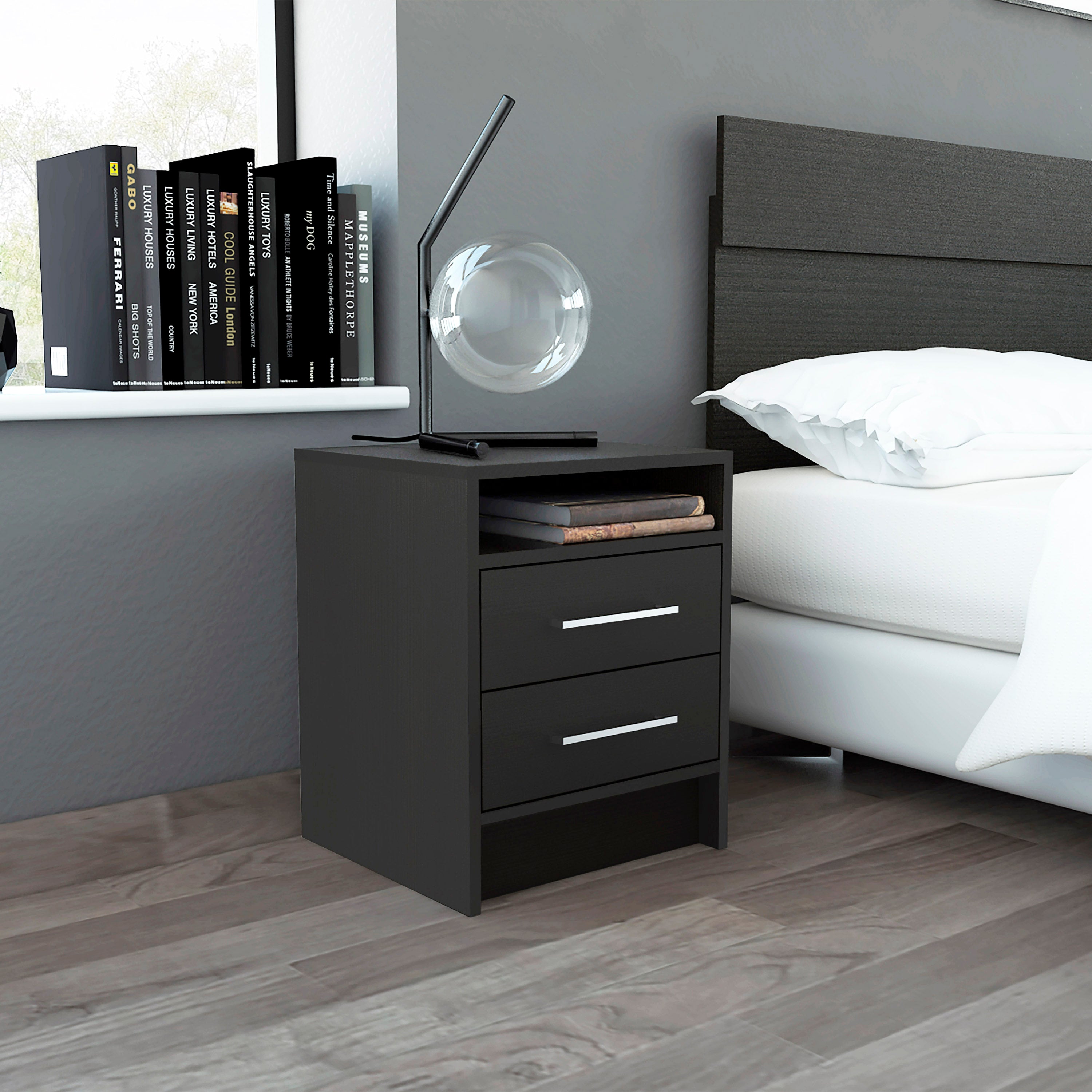 Boahaus Malaga Modern Nightstand with Open Shelf and Two Drawers | Contemporary Elegance