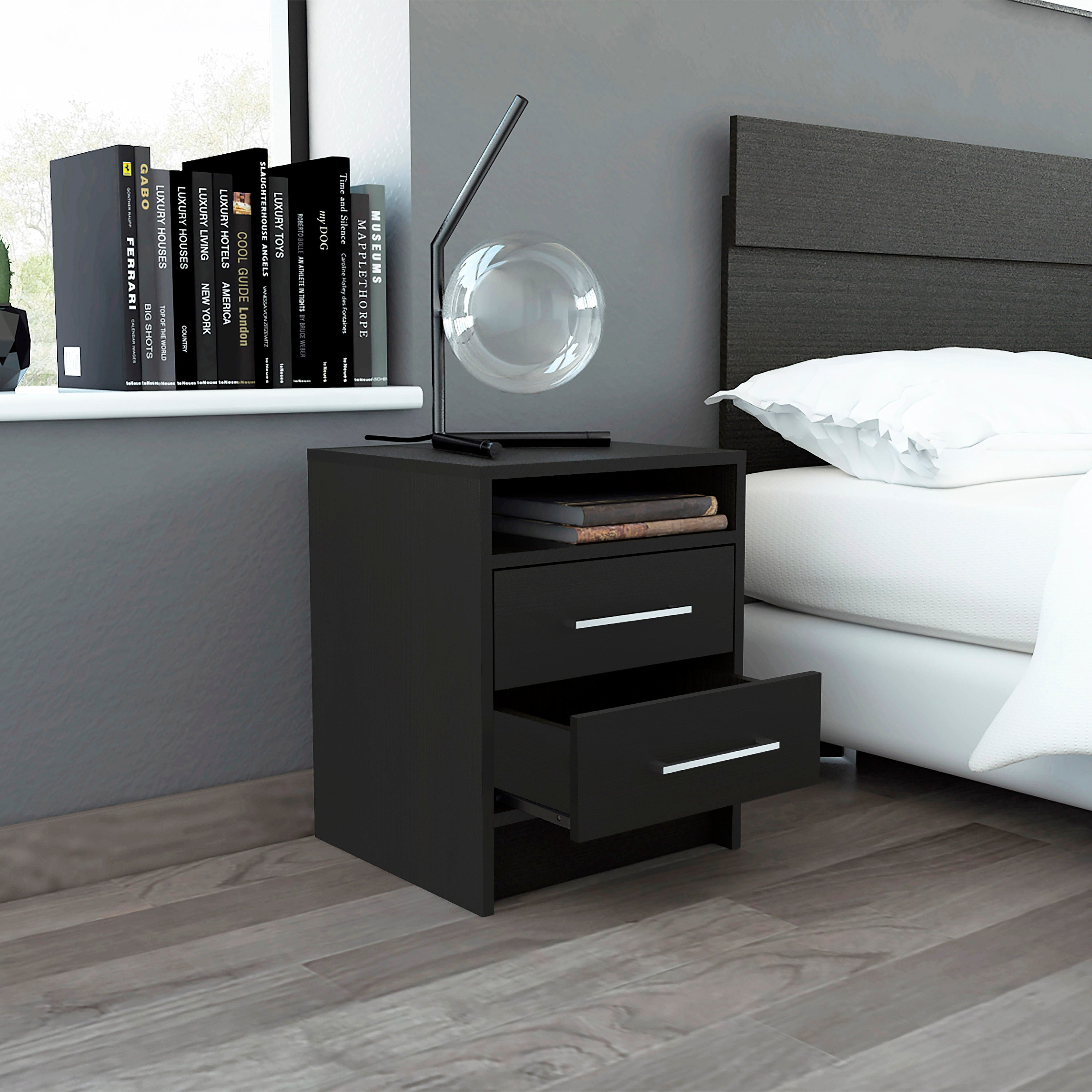 Boahaus Malaga Modern Nightstand with Open Shelf and Two Drawers | Contemporary Elegance