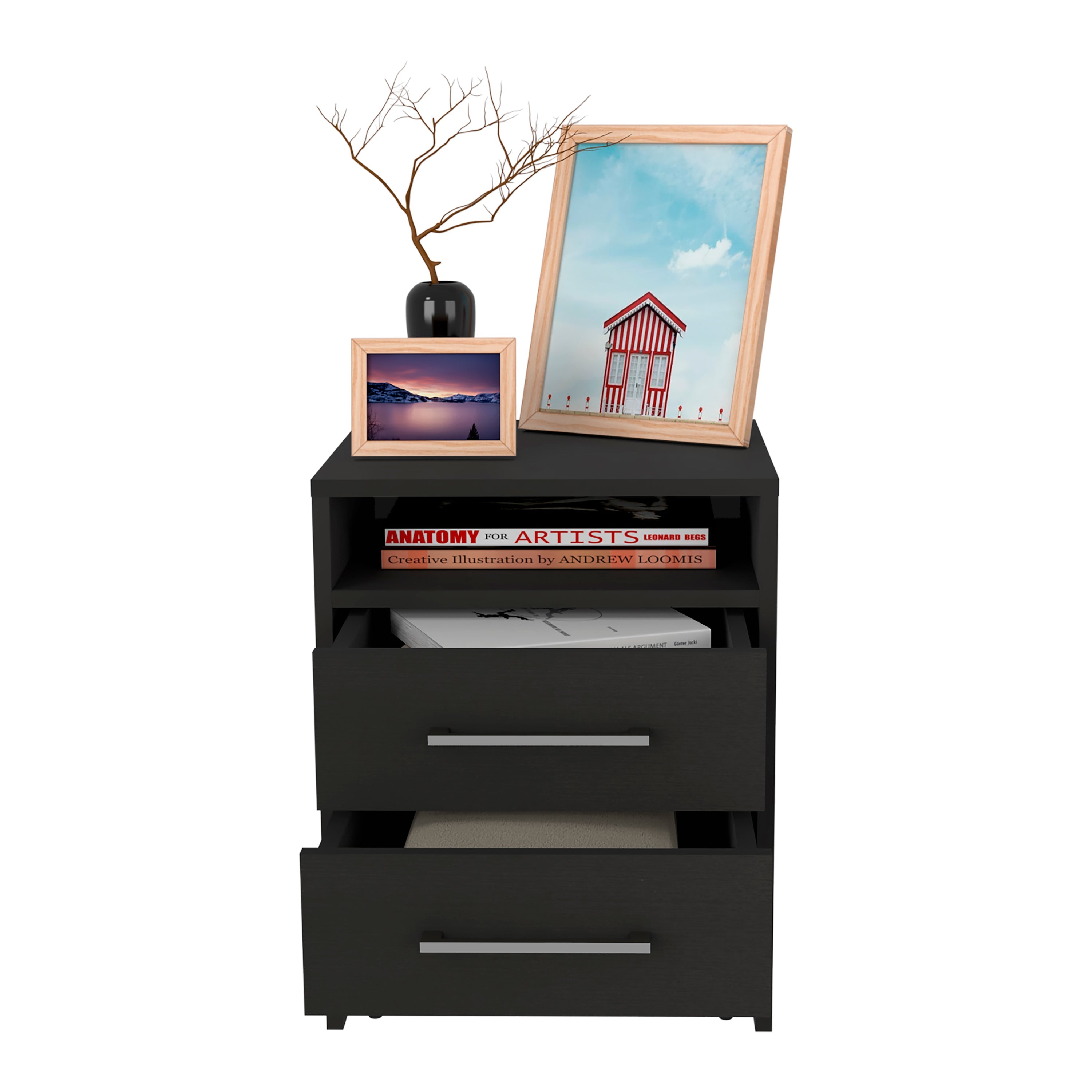 Boahaus Malaga Modern Nightstand with Open Shelf and Two Drawers | Contemporary Elegance