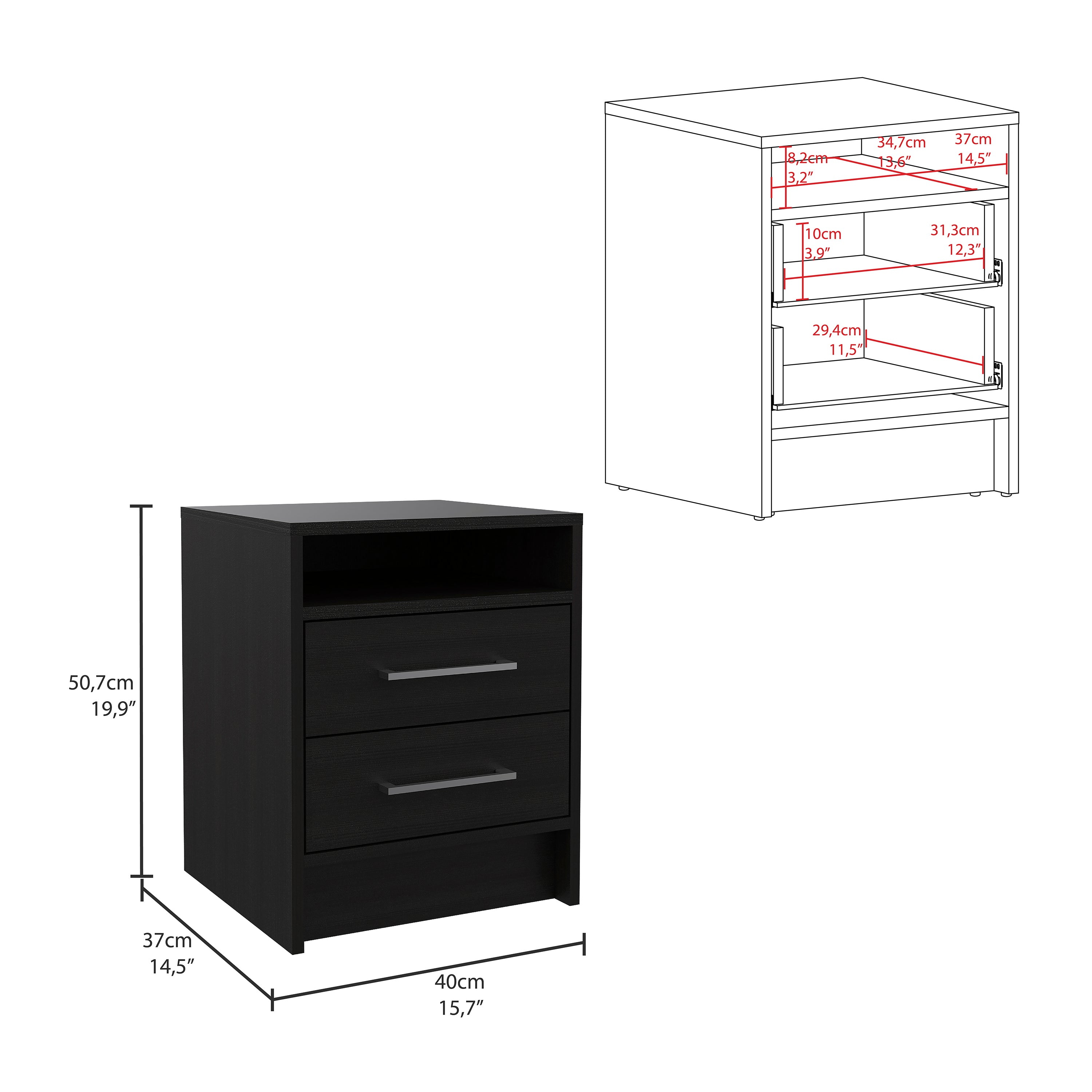 Boahaus Malaga Modern Nightstand with Open Shelf and Two Drawers | Contemporary Elegance