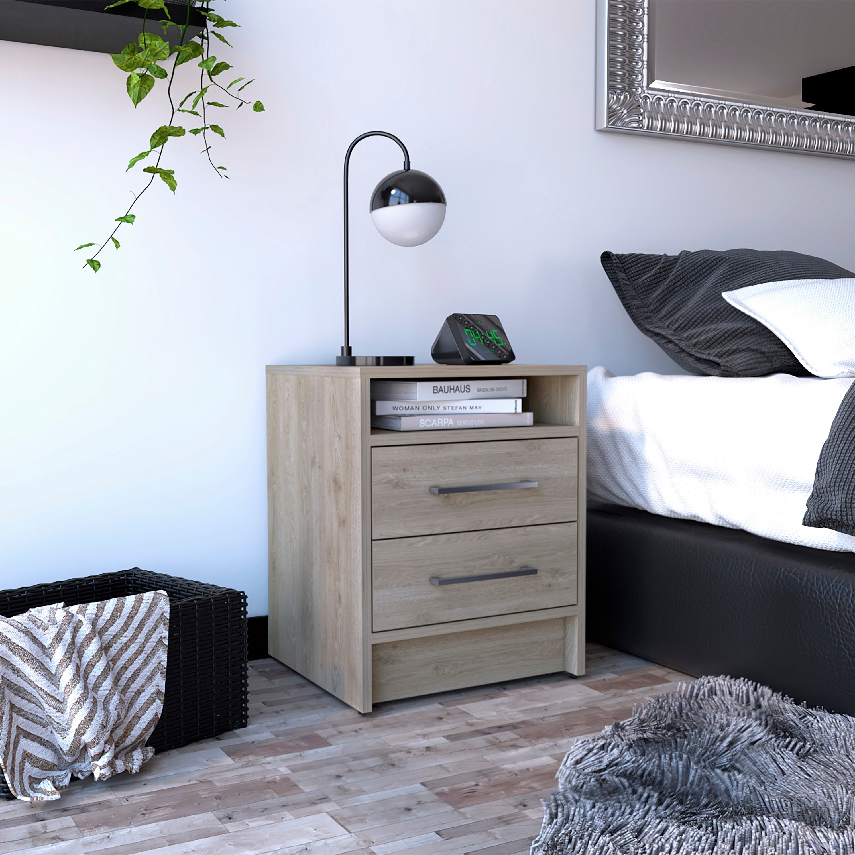 Boahaus Malaga Modern Nightstand with Open Shelf and Two Drawers | Contemporary Elegance