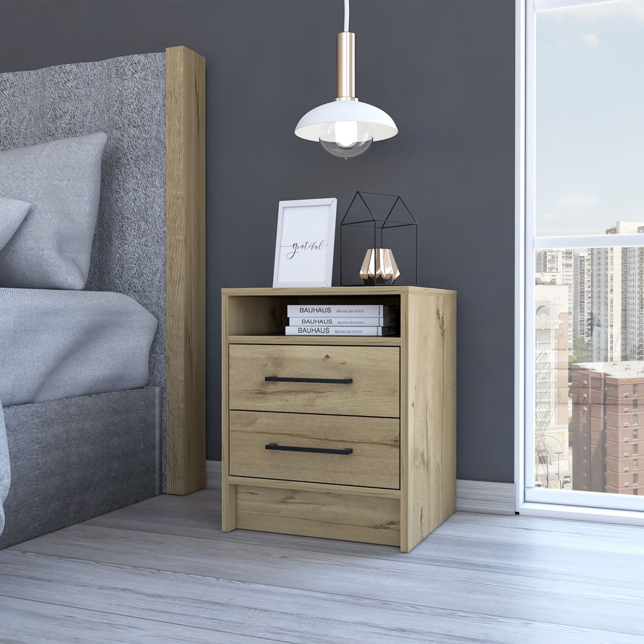Boahaus Malaga Modern Nightstand with Open Shelf and Two Drawers | Contemporary Elegance