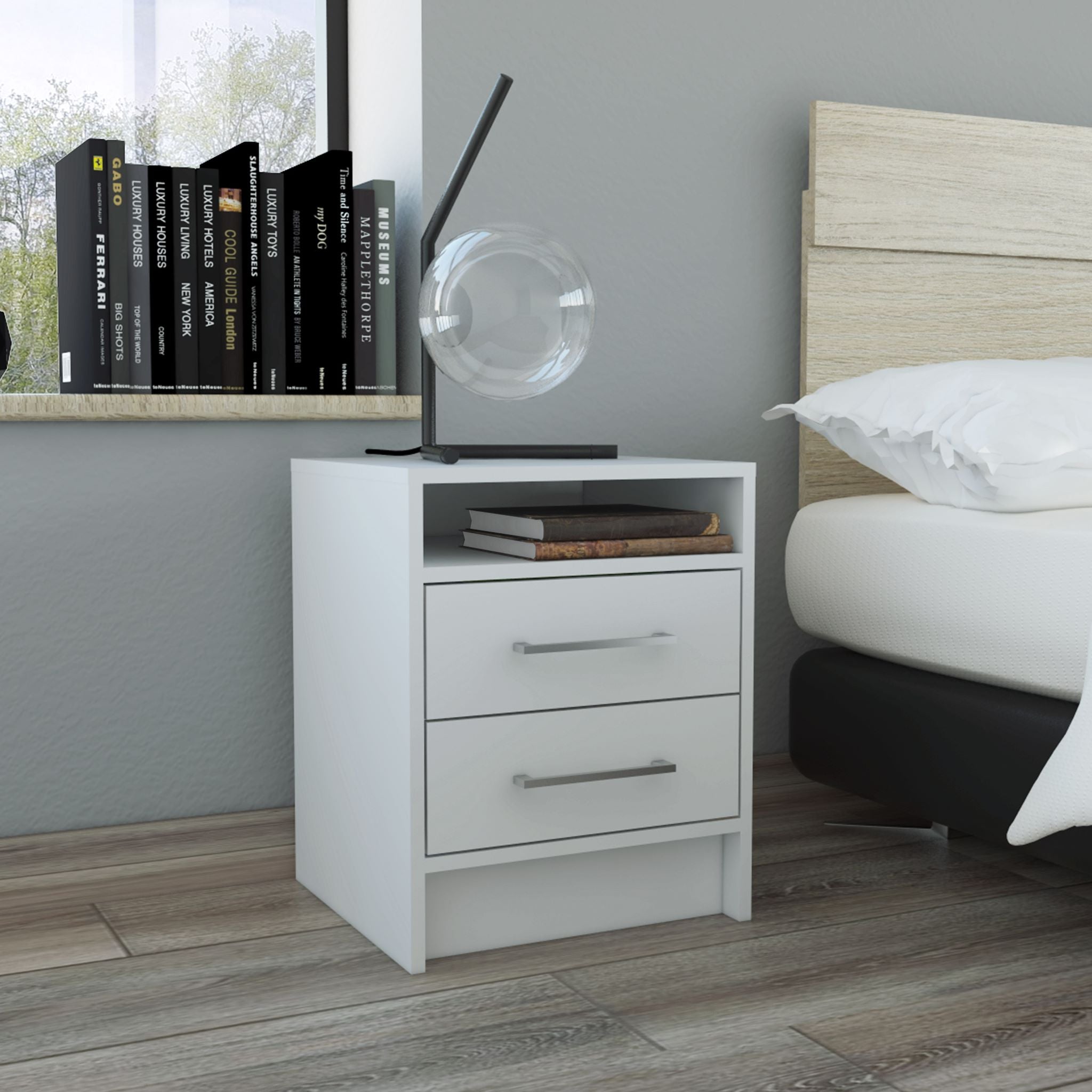 Boahaus Malaga Modern Nightstand with Open Shelf and Two Drawers | Contemporary Elegance