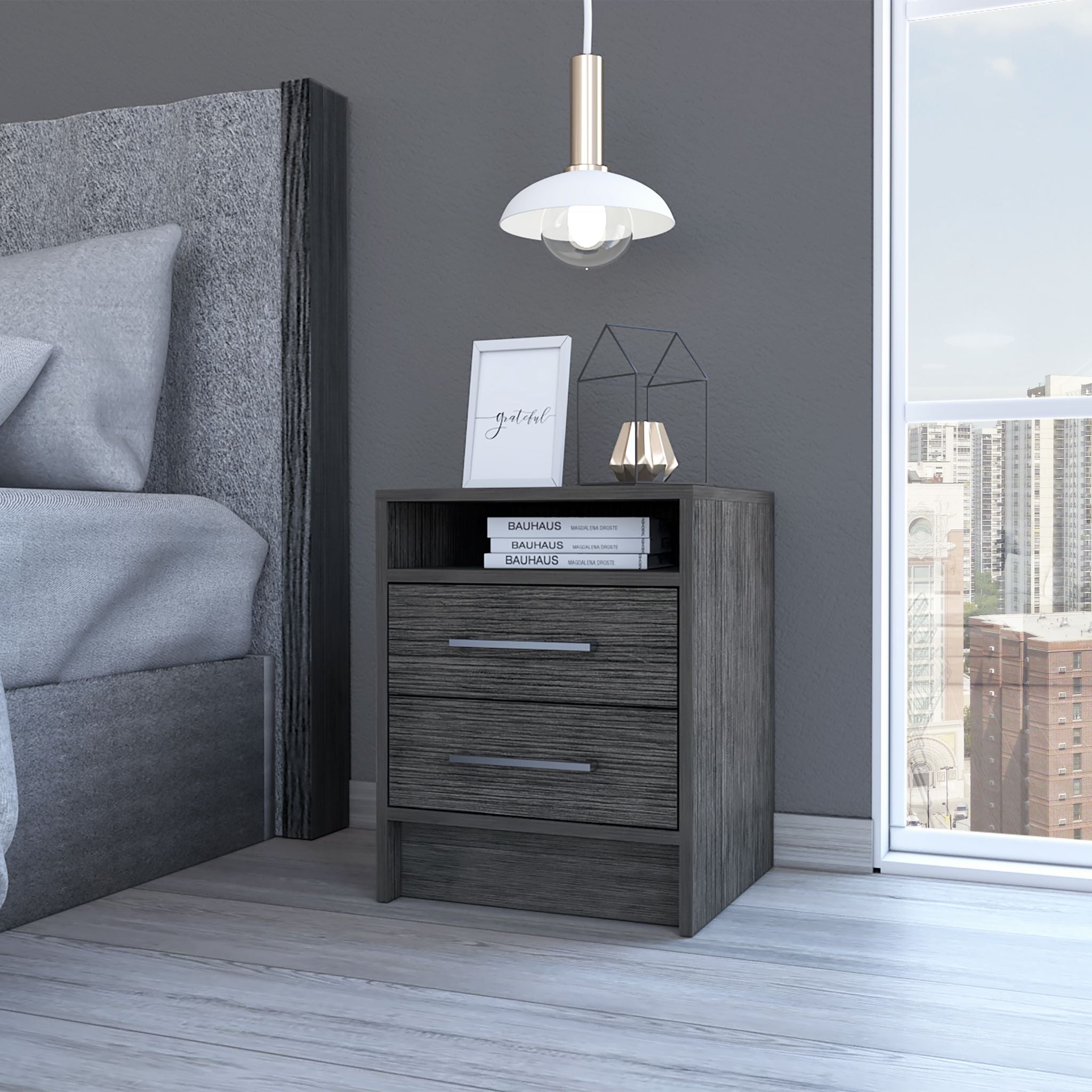 Boahaus Malaga Modern Nightstand with Open Shelf and Two Drawers | Contemporary Elegance