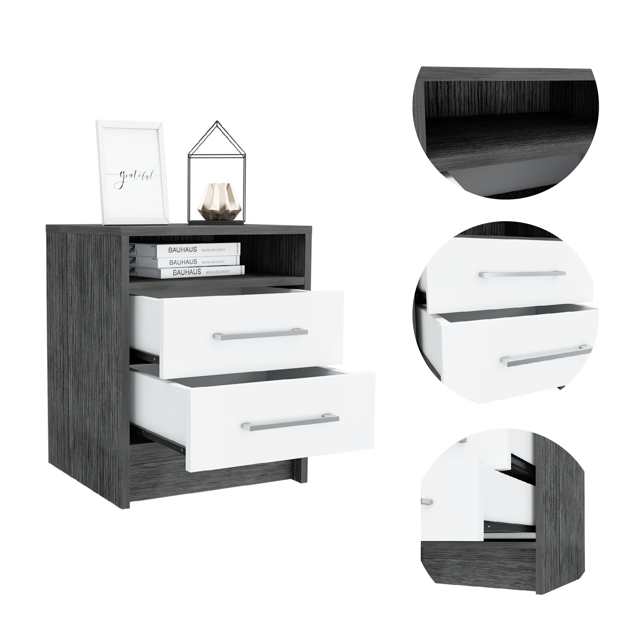 Boahaus Malaga Modern Nightstand with Open Shelf and Two Drawers | Contemporary Elegance
