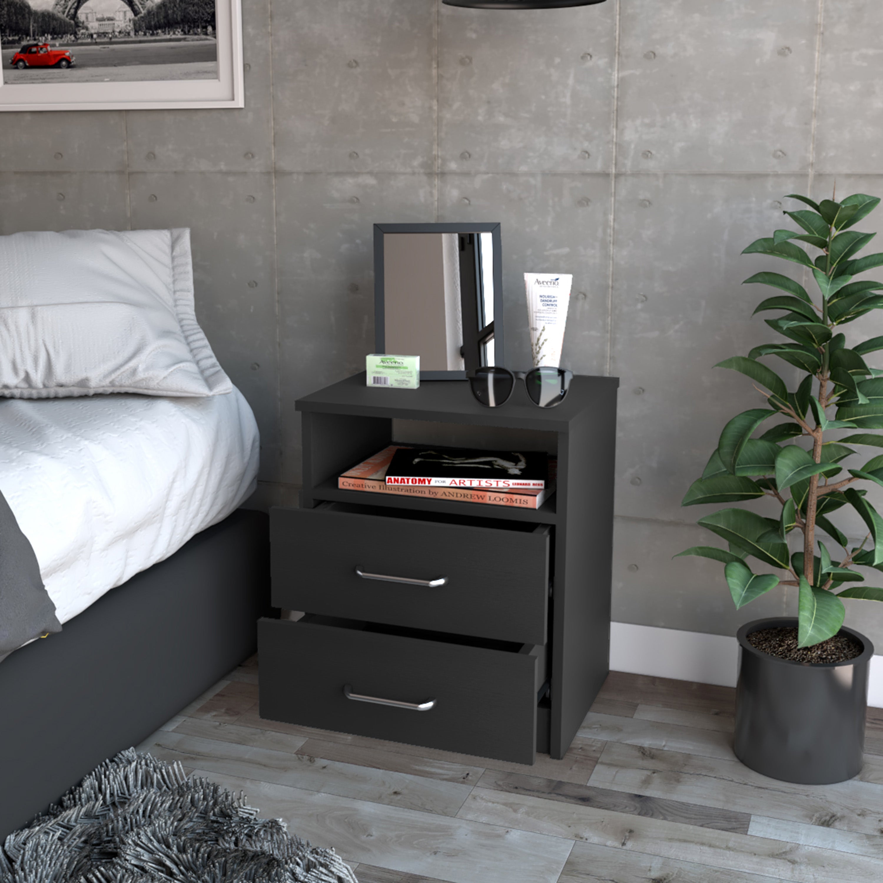 Boahaus Palma Nightstand with Two Drawers and Open Compartment | Black Premium Design