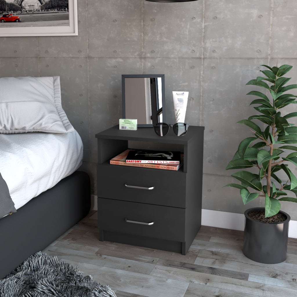 Boahaus Palma Nightstand with Two Drawers and Open Compartment | Black Premium Design