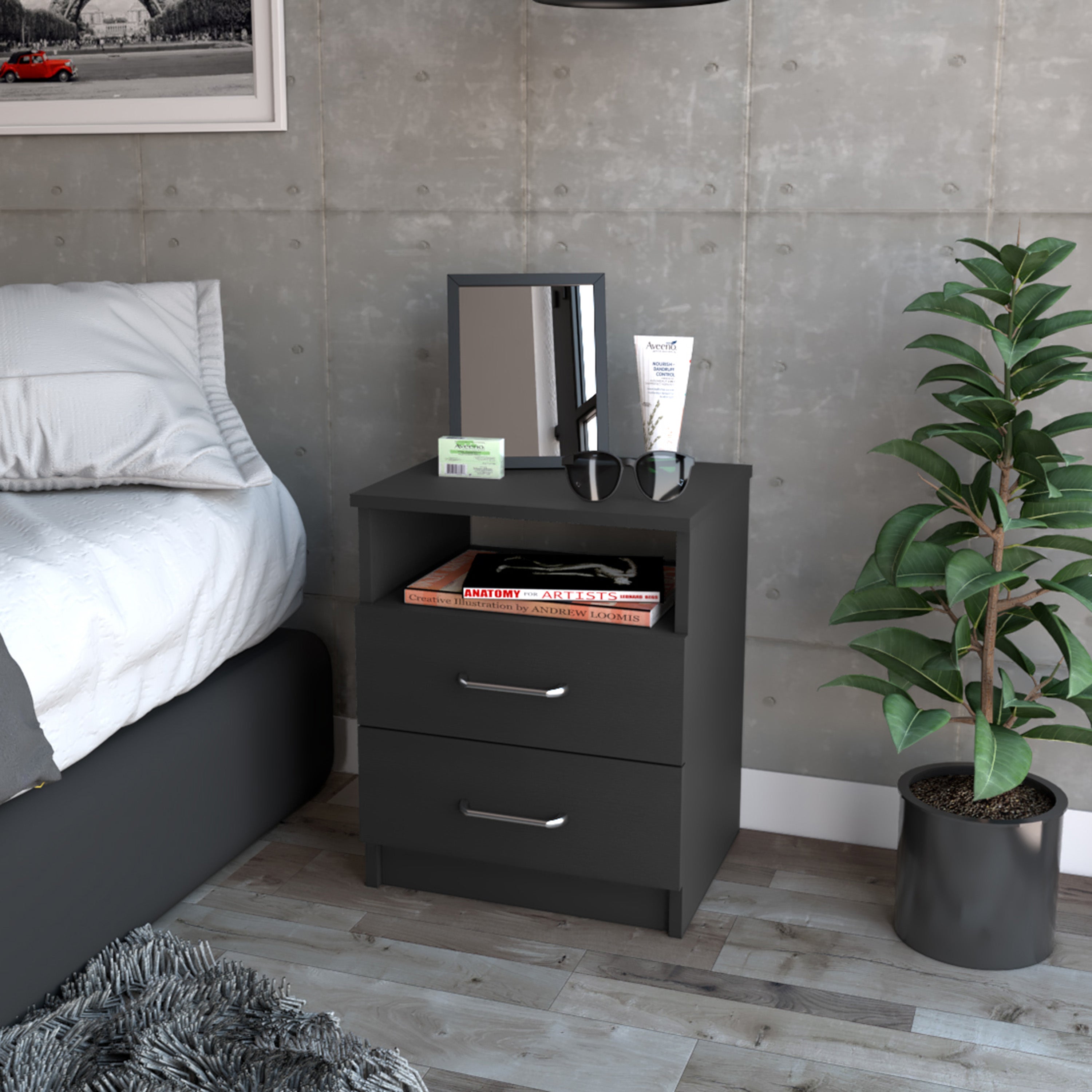 Boahaus Palma Nightstand with Two Drawers and Open Compartment | Black Premium Design