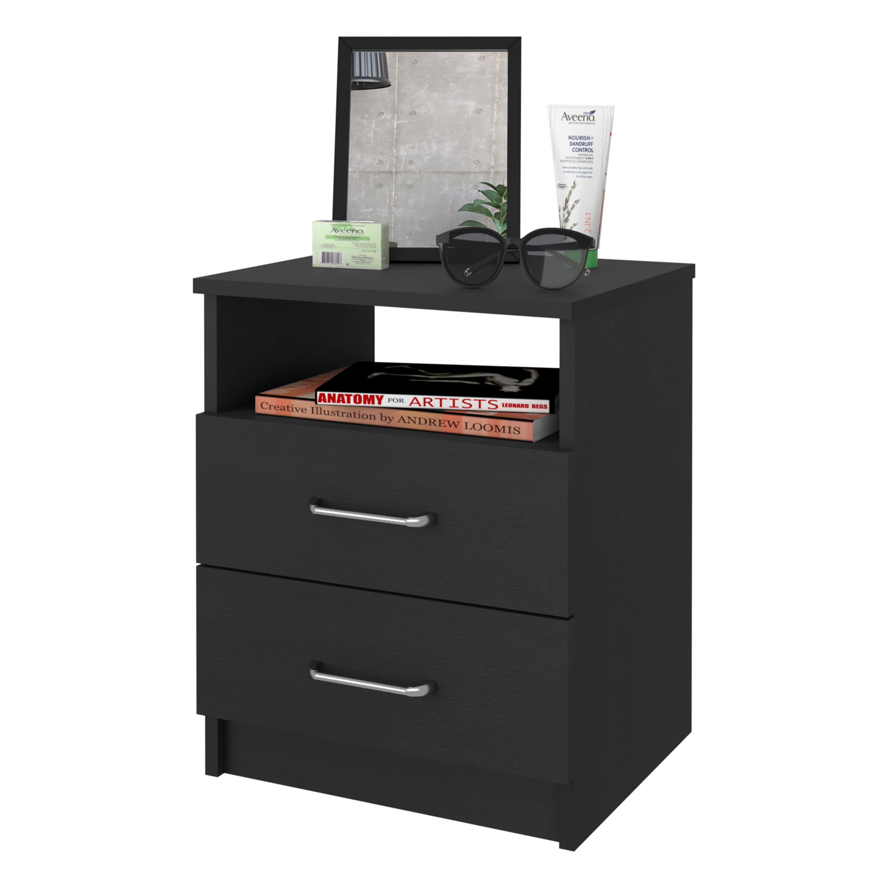 Boahaus Palma Nightstand with Two Drawers and Open Compartment | Black Premium Design