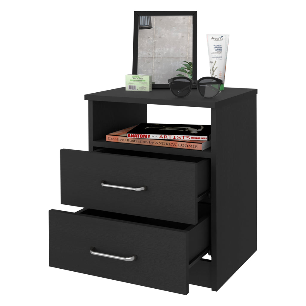 Boahaus Palma Nightstand with Two Drawers and Open Compartment | Black Premium Design