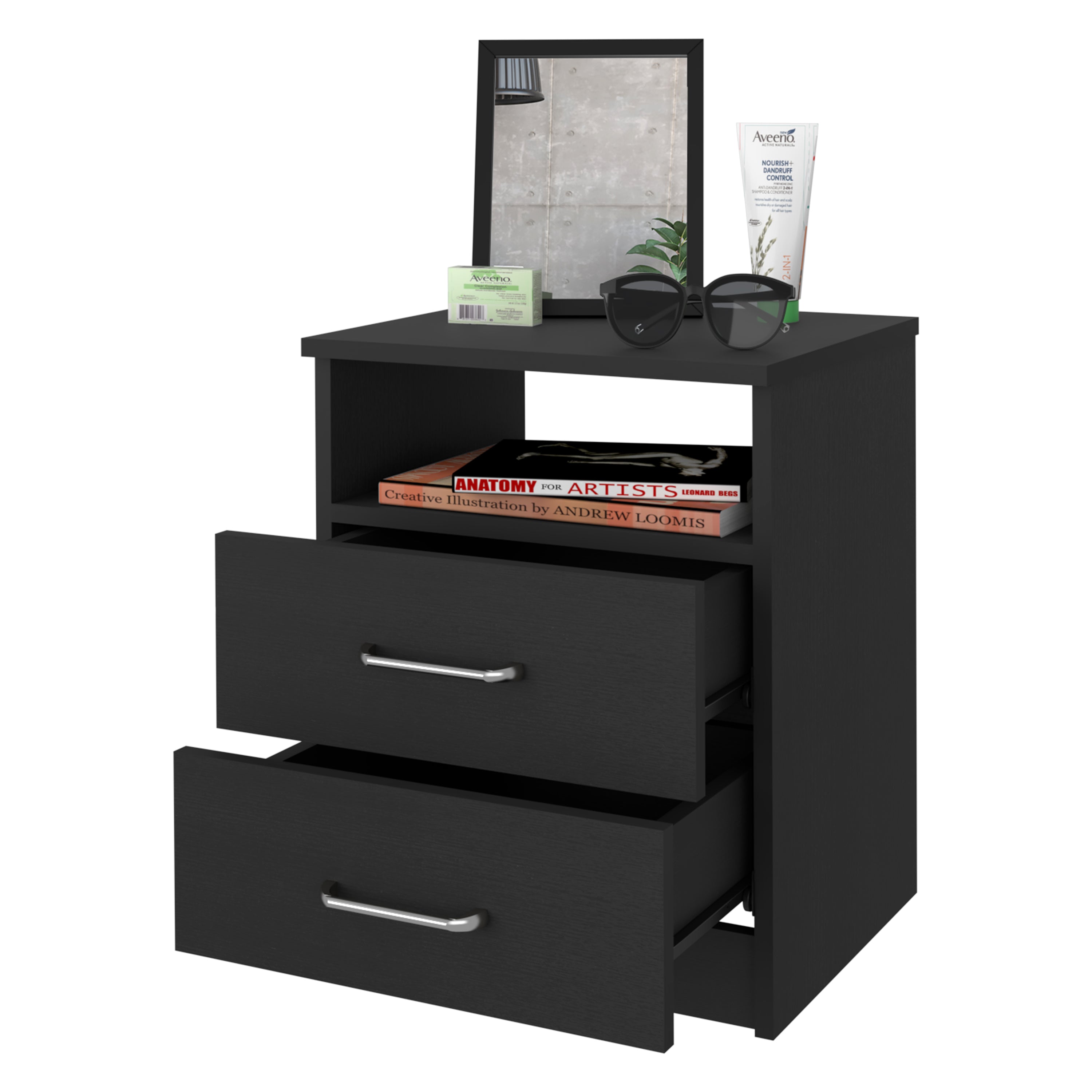 Boahaus Palma Nightstand with Two Drawers and Open Compartment | Black Premium Design