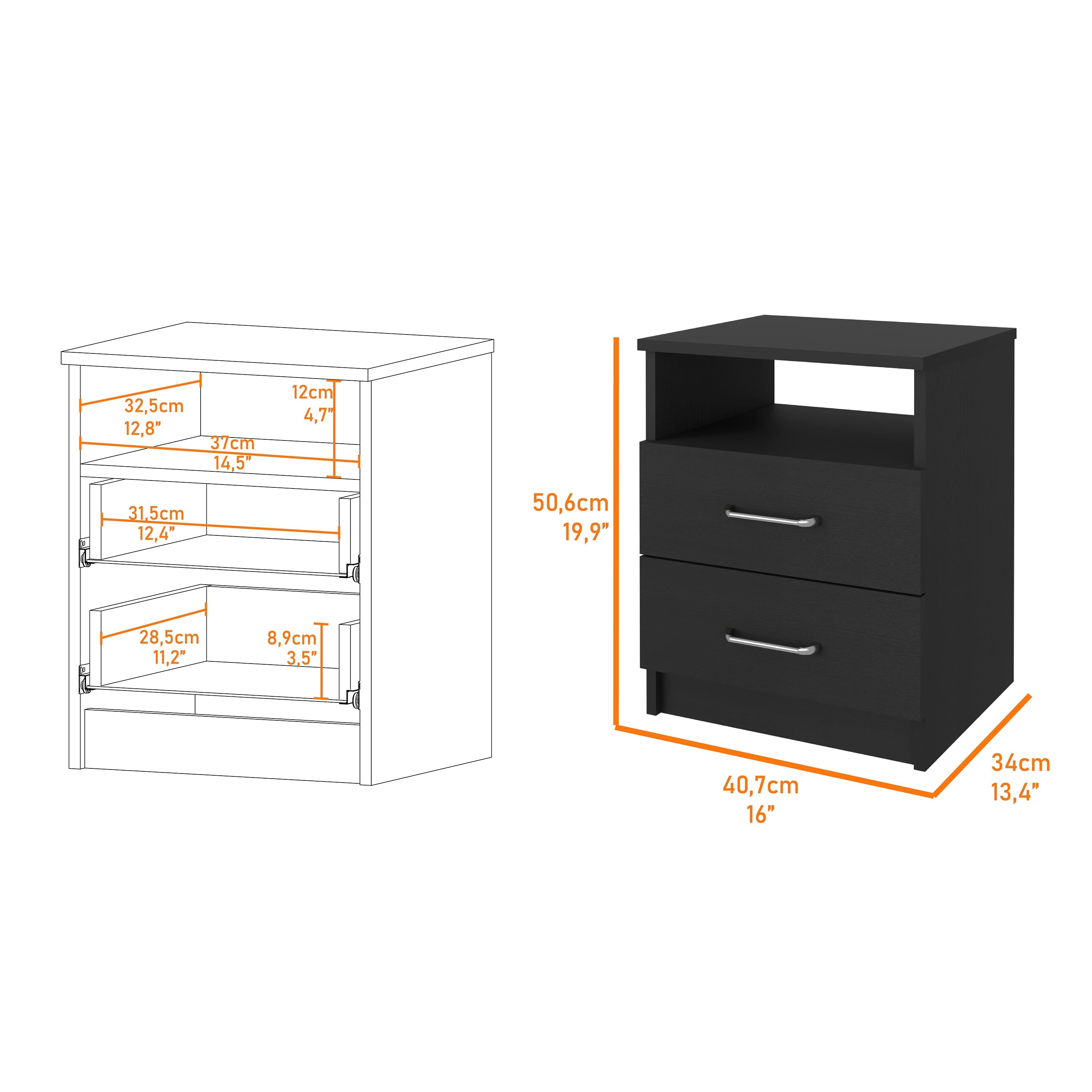 Boahaus Palma Nightstand with Two Drawers and Open Compartment | Black Premium Design