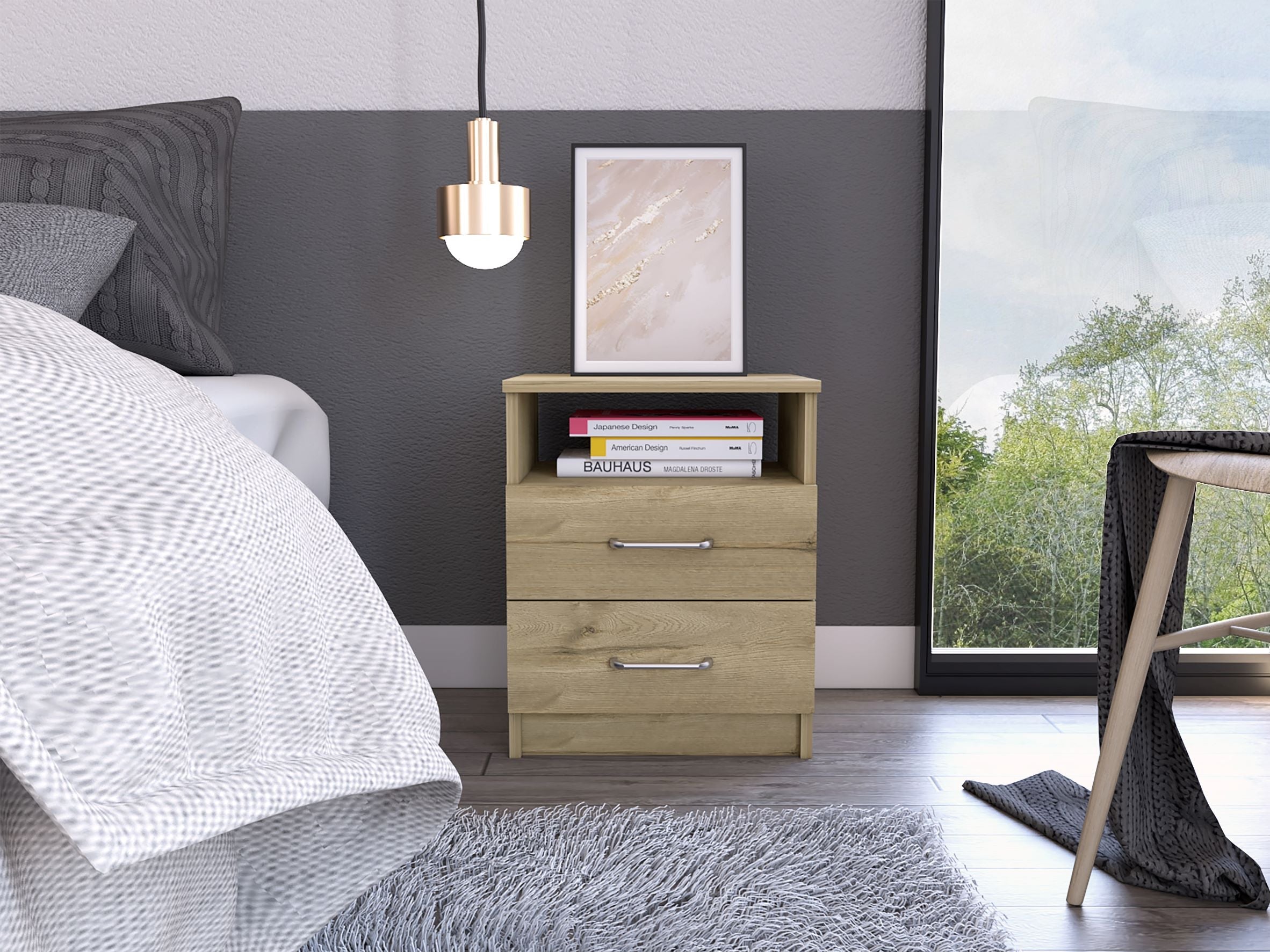 Boahaus Palma Nightstand with Two Drawers and Open Compartment | Black Premium Design