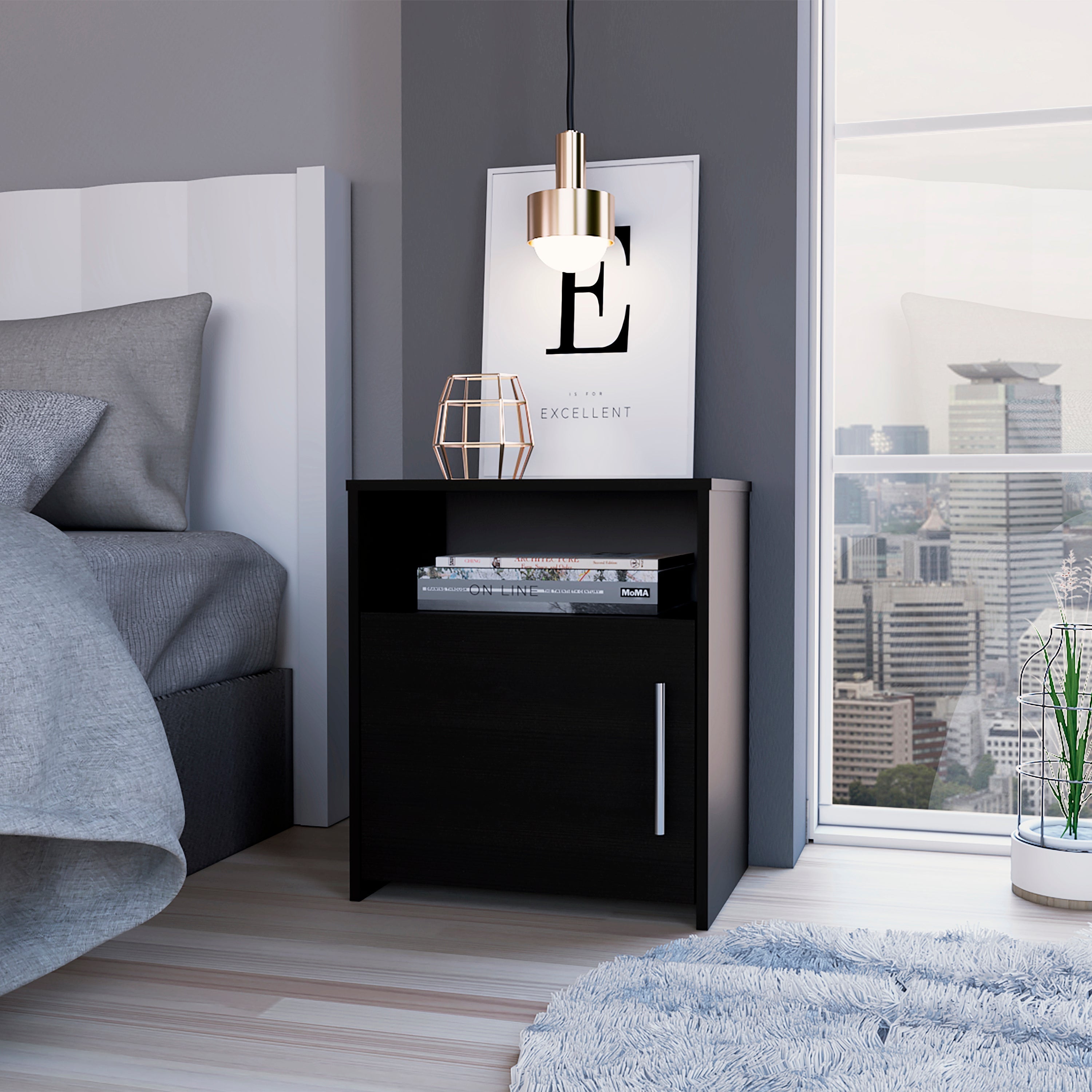 Boahaus Bilbao Nightstand with Cabinet and Open Shelf | Black Premium Design