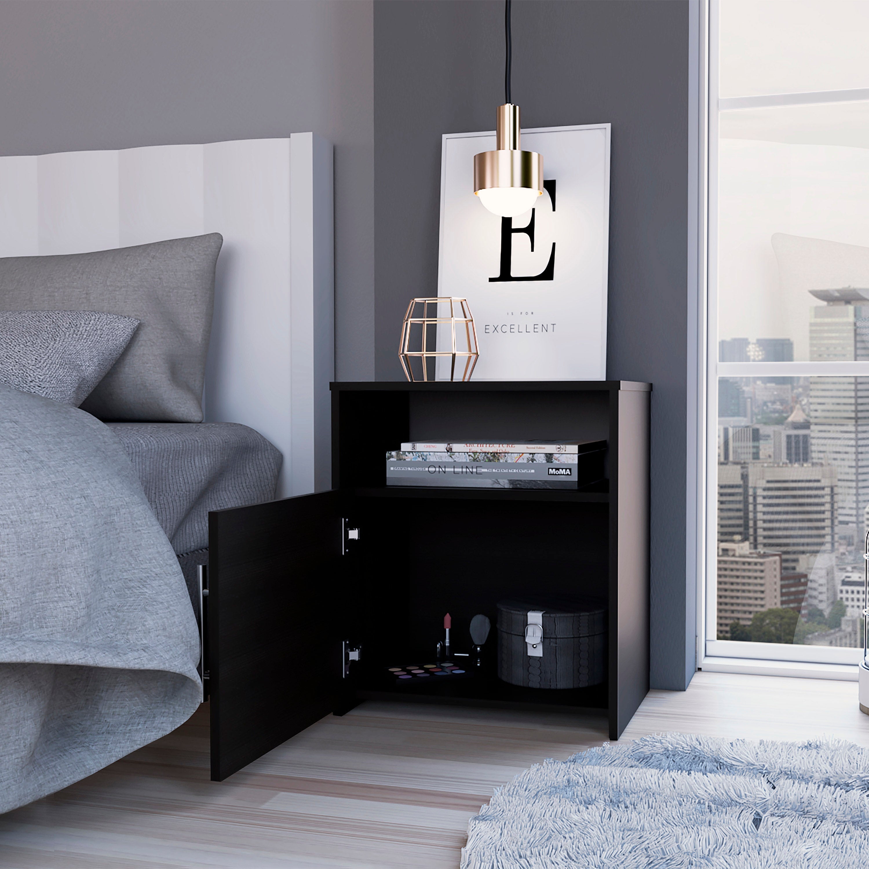 Boahaus Bilbao Nightstand with Cabinet and Open Shelf | Black Premium Design