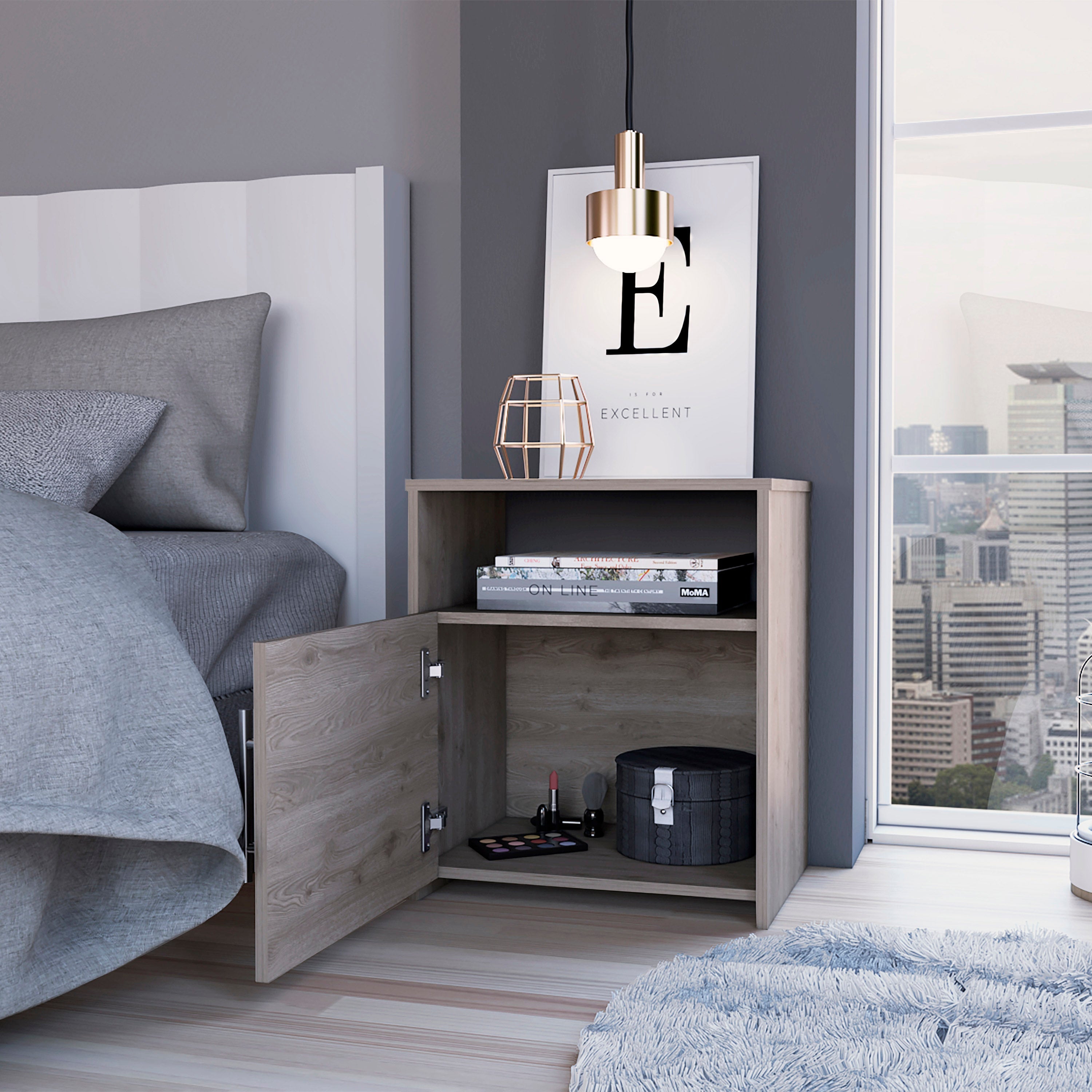 Boahaus Bilbao Nightstand with Cabinet and Open Shelf | Black Premium Design