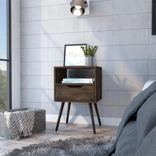 Boahaus Lugo Nightstand with Drawer and Open Shelf | Walnut Premium Design