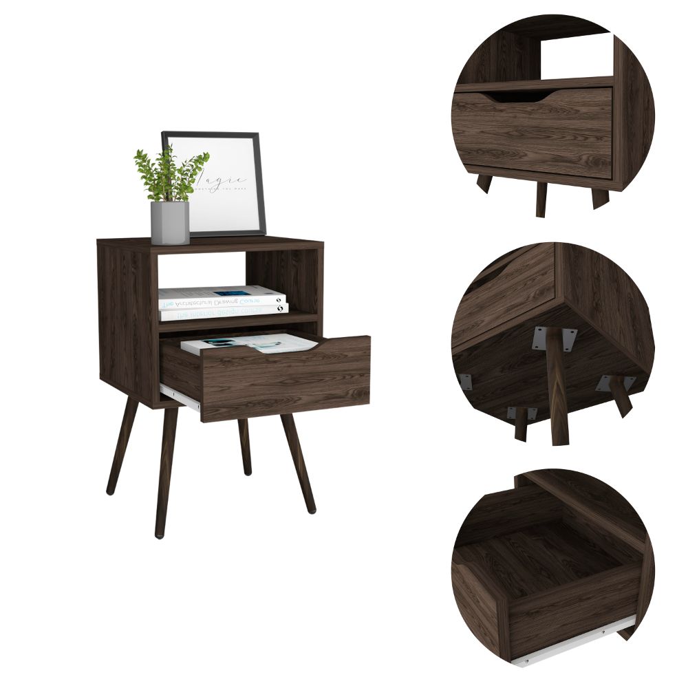 Boahaus Lugo Nightstand with Drawer and Open Shelf | Walnut Premium Design