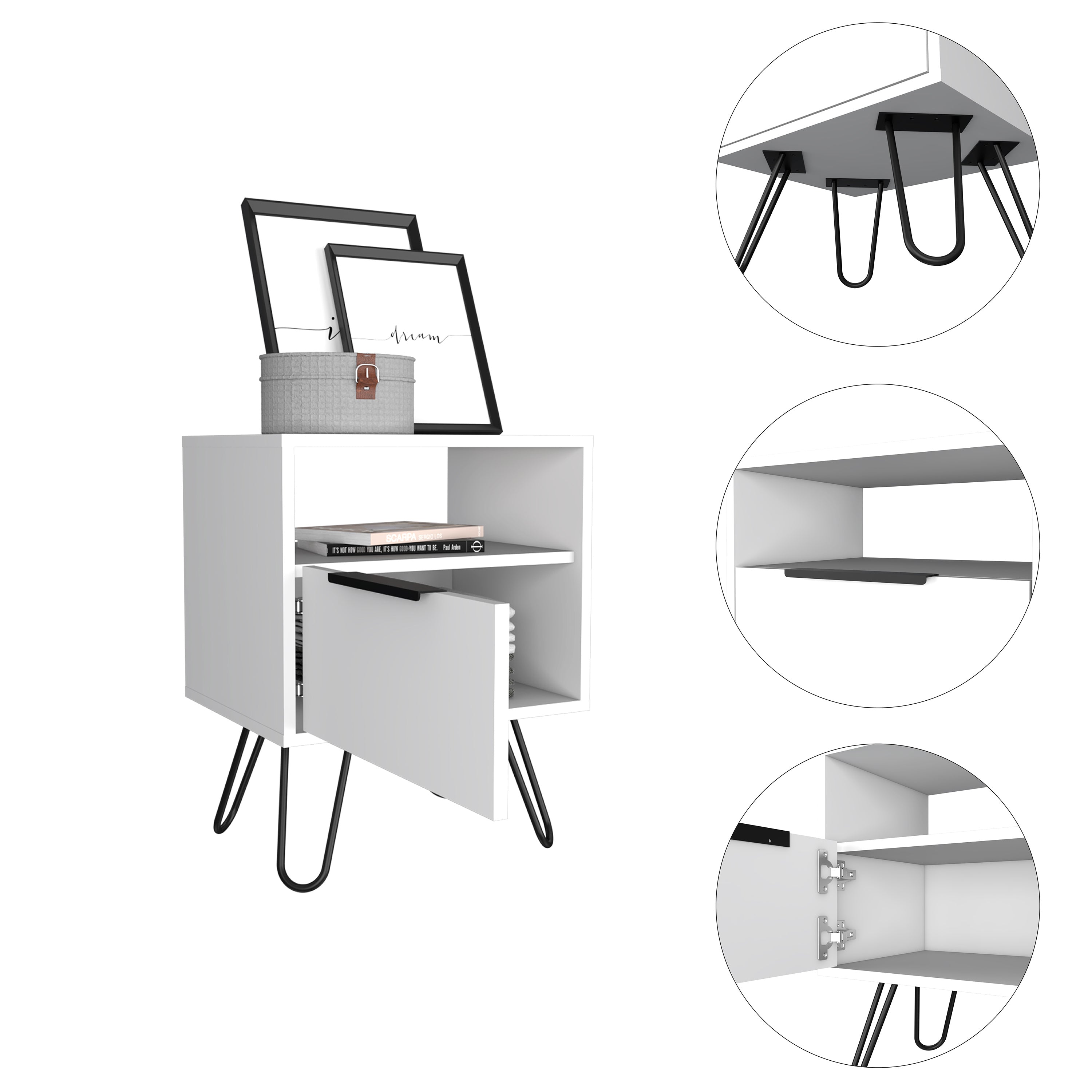Boahaus Plentzia Nightstand with Ergonomic Design and Storage | White Modern Elegance