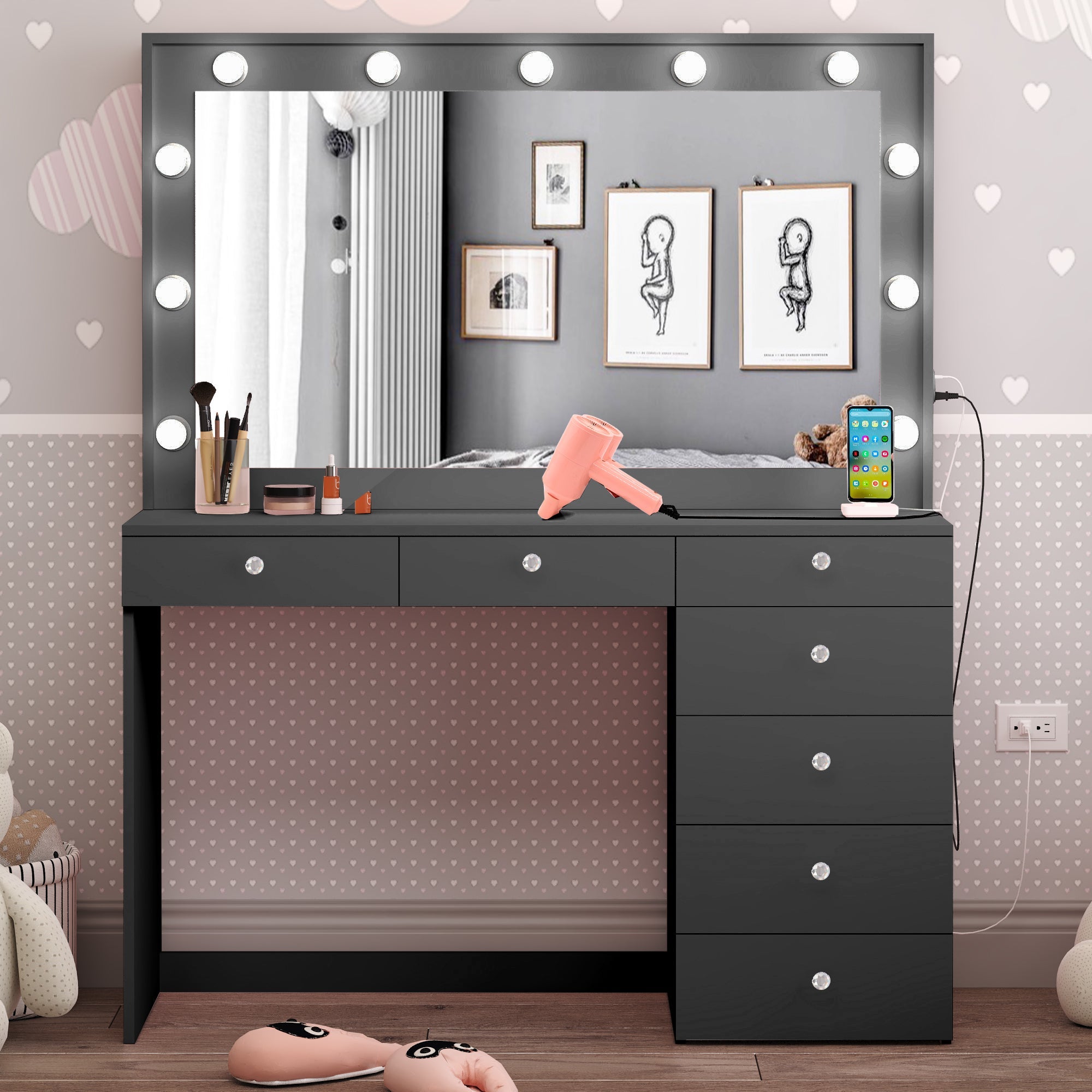 Boahaus Diana Makeup Vanity Desk with Built-in Lights, Storage & USB Ports | Premium Design