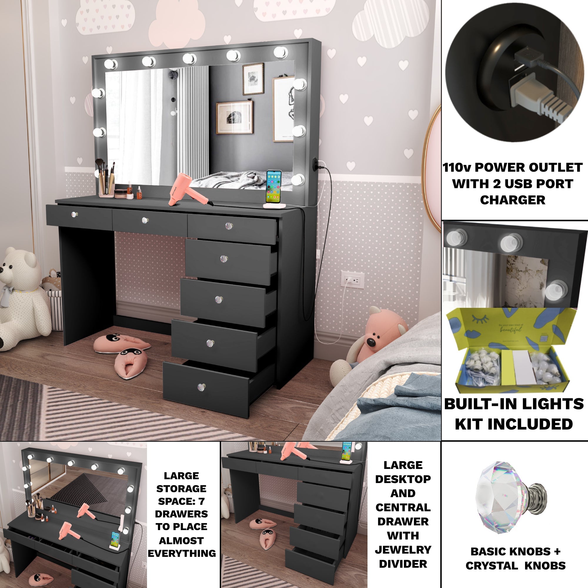 Boahaus Diana Makeup Vanity Desk with Built-in Lights, Storage & USB Ports | Premium Design