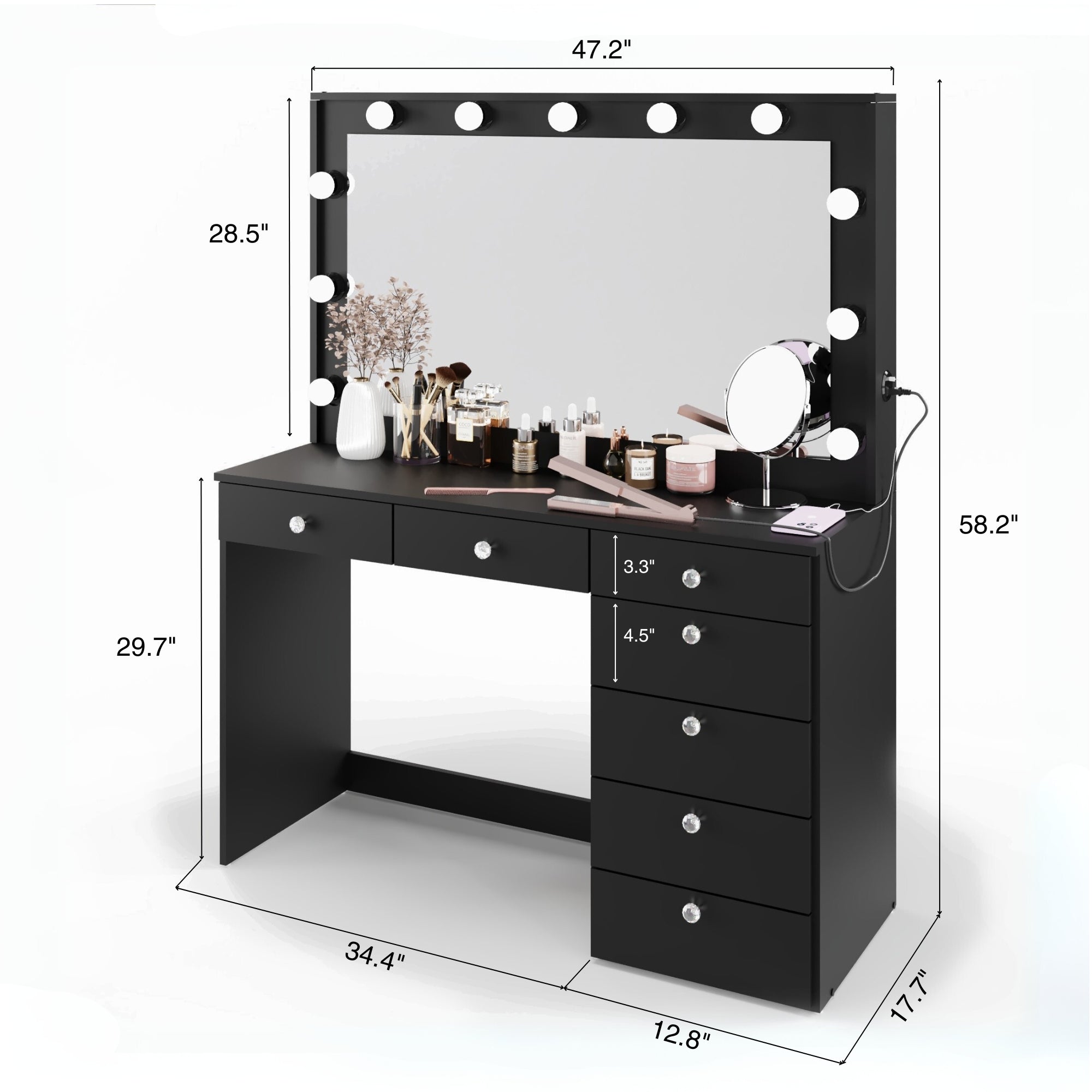 Boahaus Diana Makeup Vanity Desk with Built-in Lights, Storage & USB Ports | Premium Design
