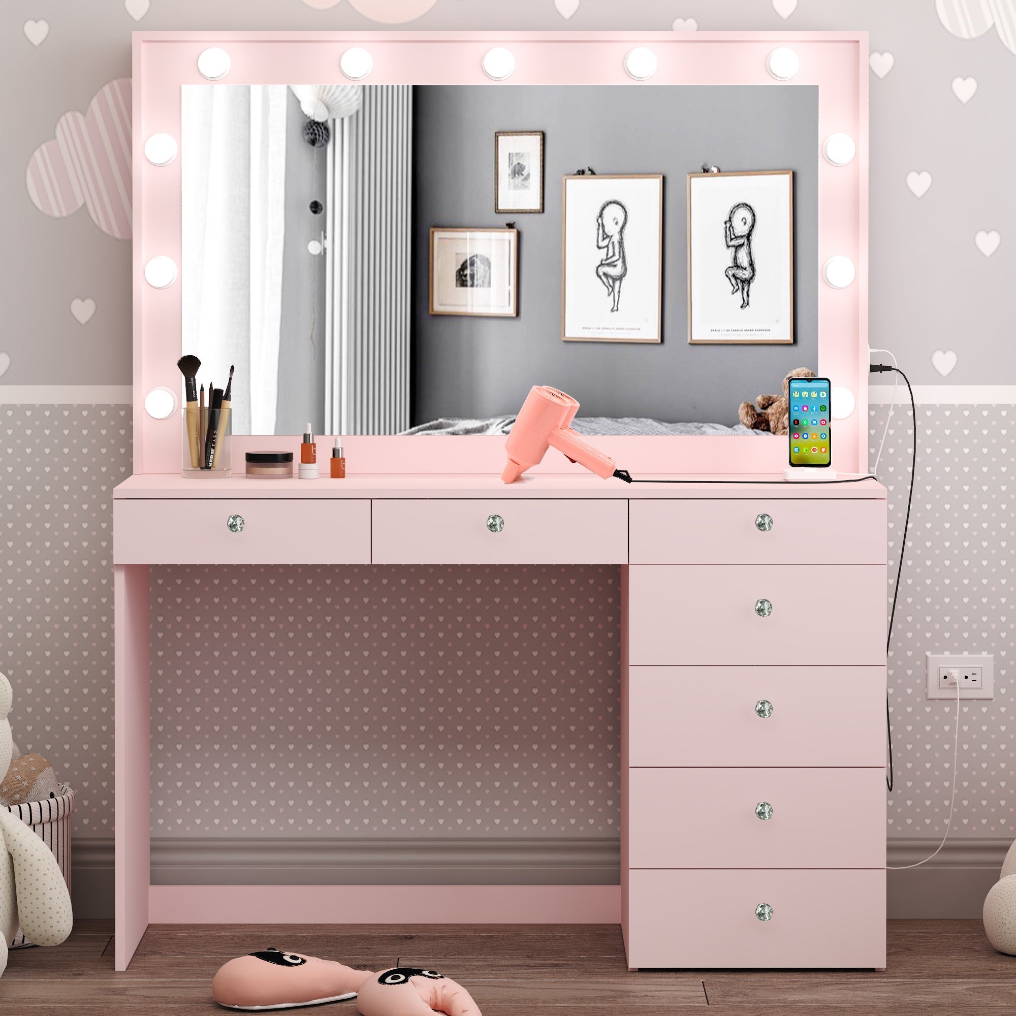 Boahaus Diana Makeup Vanity Desk with Built-in Lights, Storage & USB Ports | Premium Design