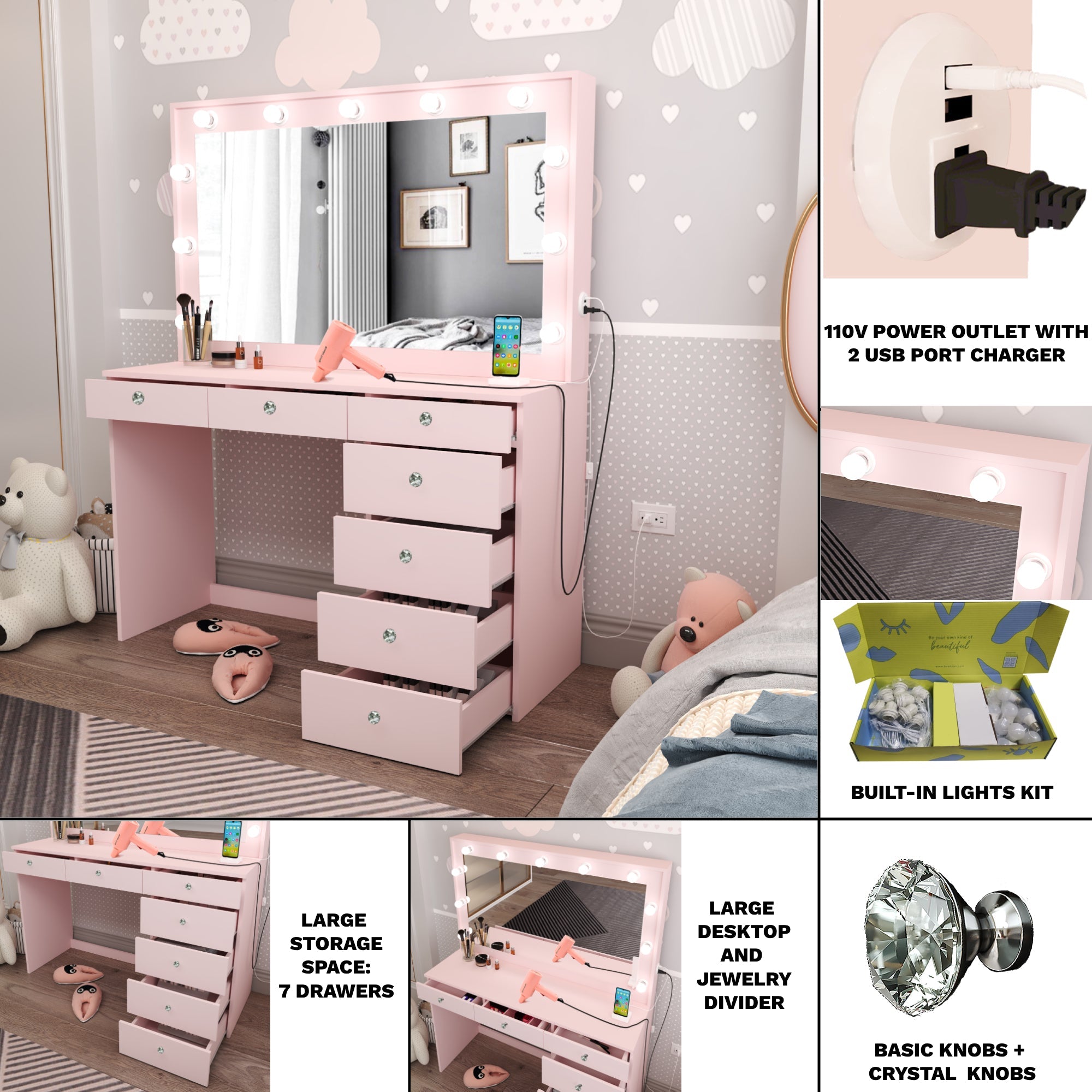 Boahaus Diana Makeup Vanity Desk with Built-in Lights, Storage & USB Ports | Premium Design