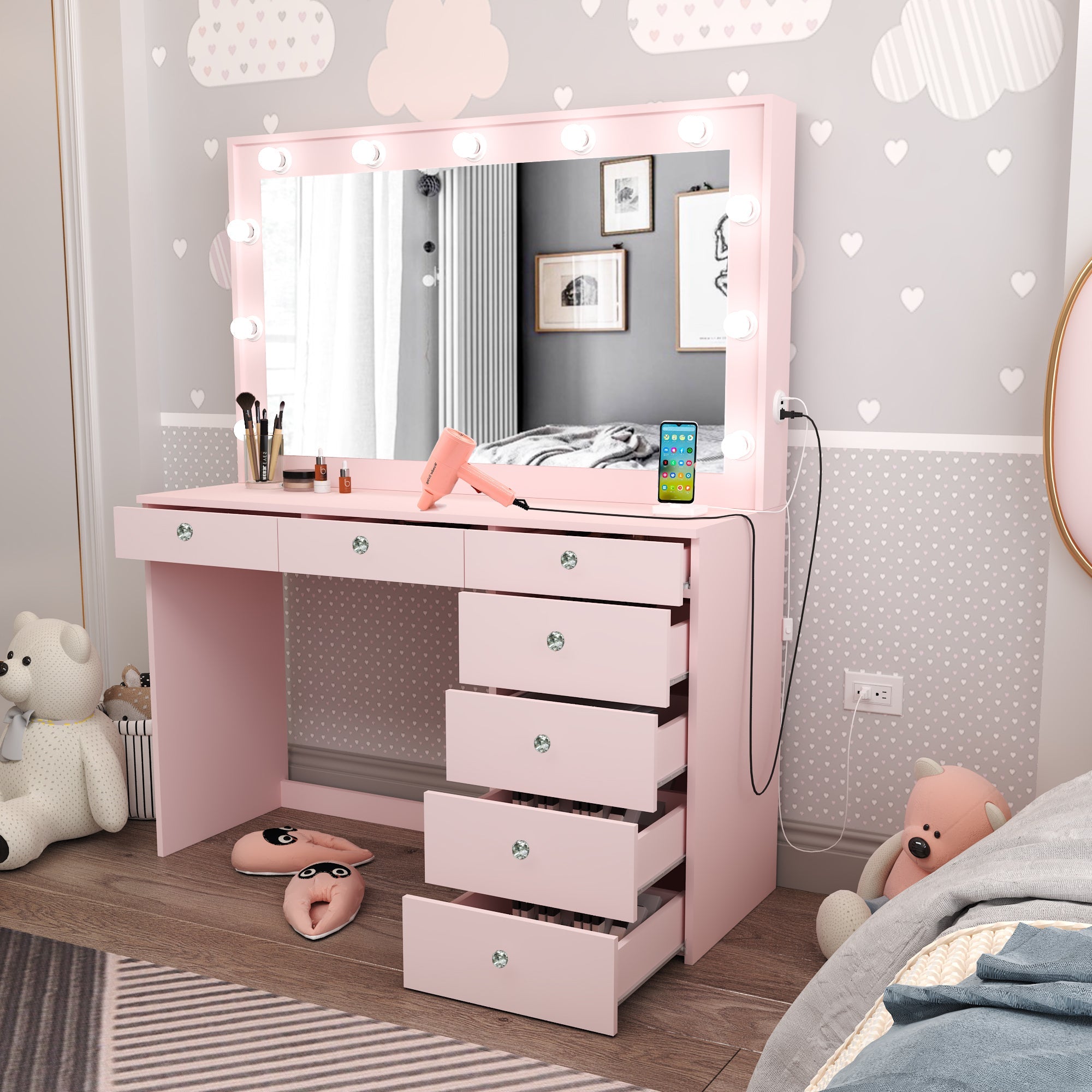 Boahaus Diana Makeup Vanity Desk with Built-in Lights, Storage & USB Ports | Premium Design