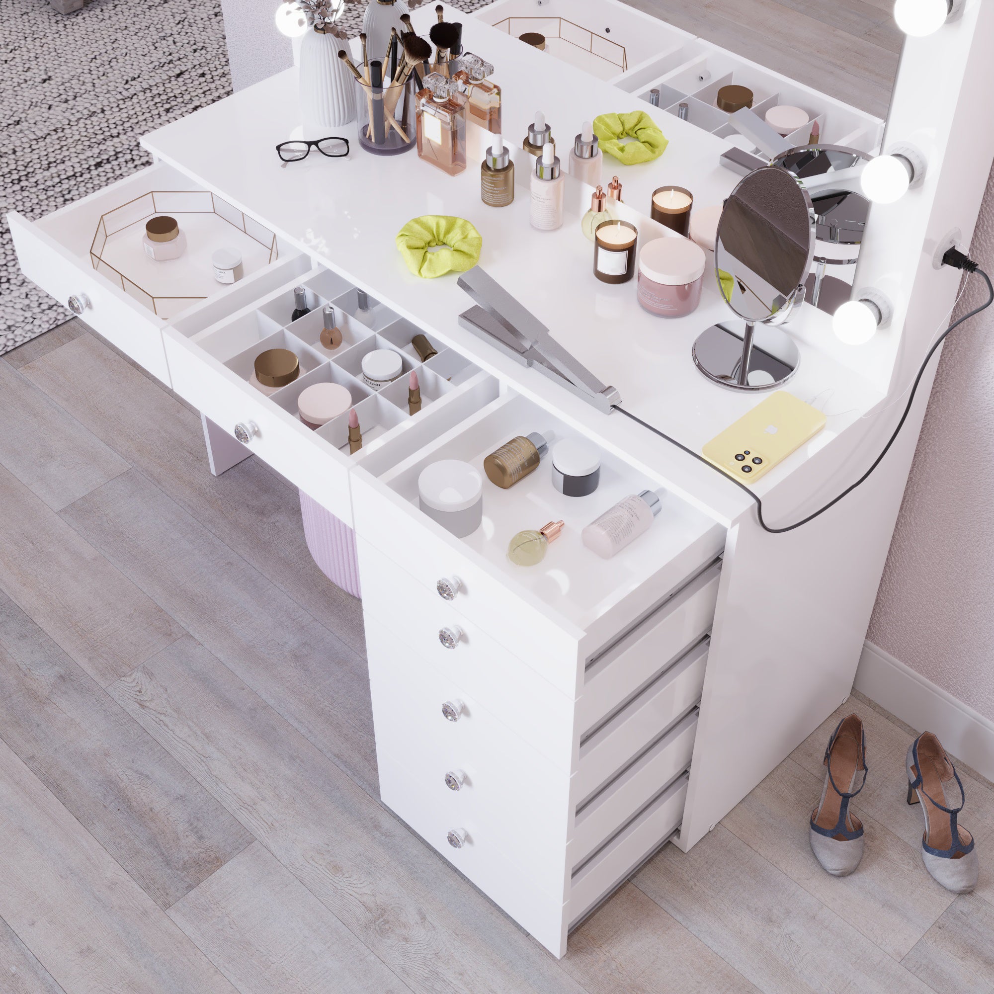 Boahaus Diana Makeup Vanity Desk with Built-in Lights, Storage & USB Ports | Premium Design