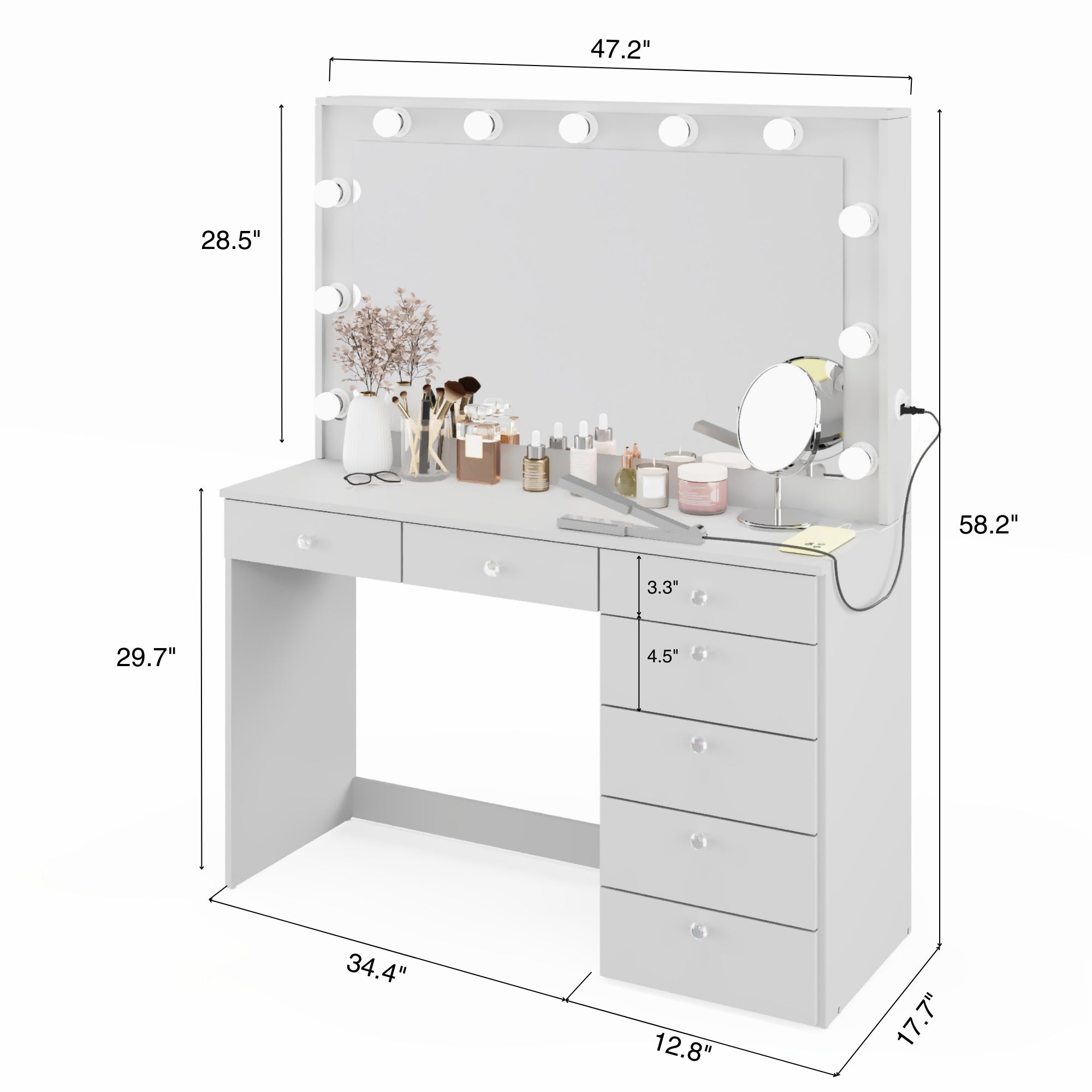 Boahaus Diana Makeup Vanity Desk with Built-in Lights, Storage & USB Ports | Premium Design
