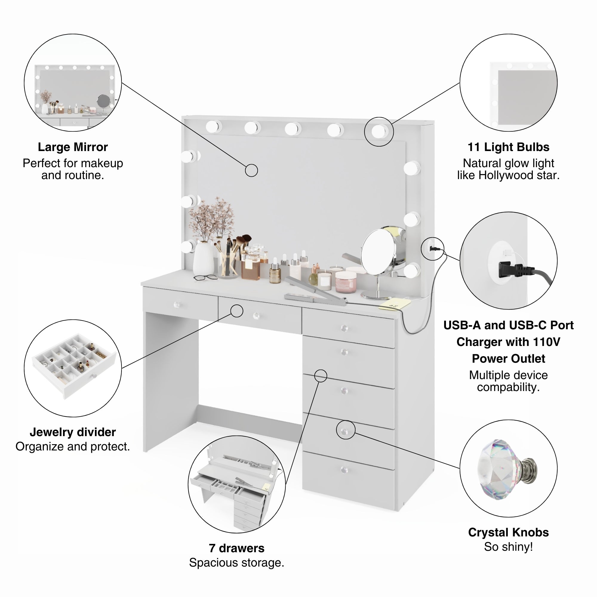 Boahaus Diana Makeup Vanity Desk with Built-in Lights, Storage & USB Ports | Premium Design