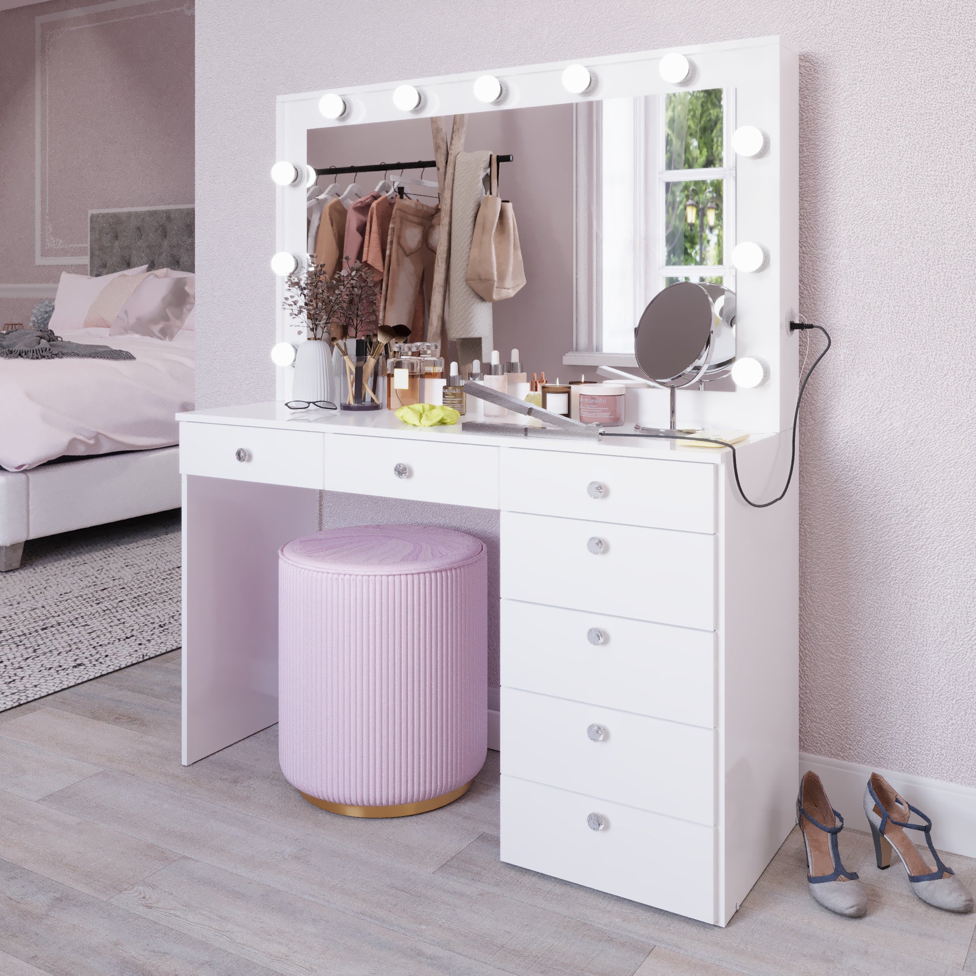 Boahaus Diana Makeup Vanity Desk with Built-in Lights, Storage & USB Ports | Premium Design