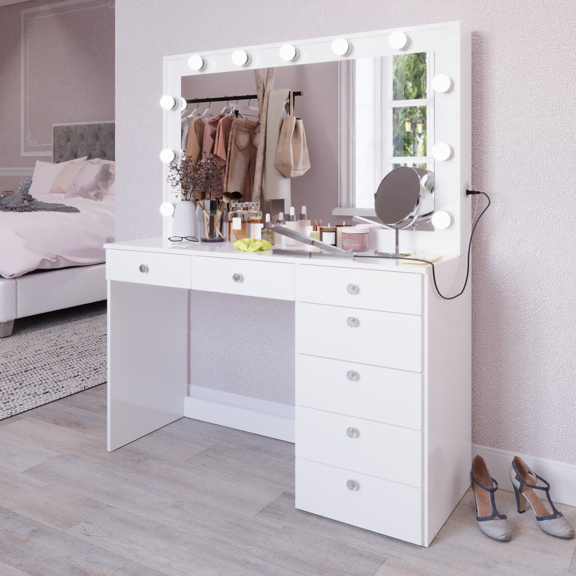 Boahaus Diana Makeup Vanity Desk with Built-in Lights, Storage & USB Ports | Premium Design