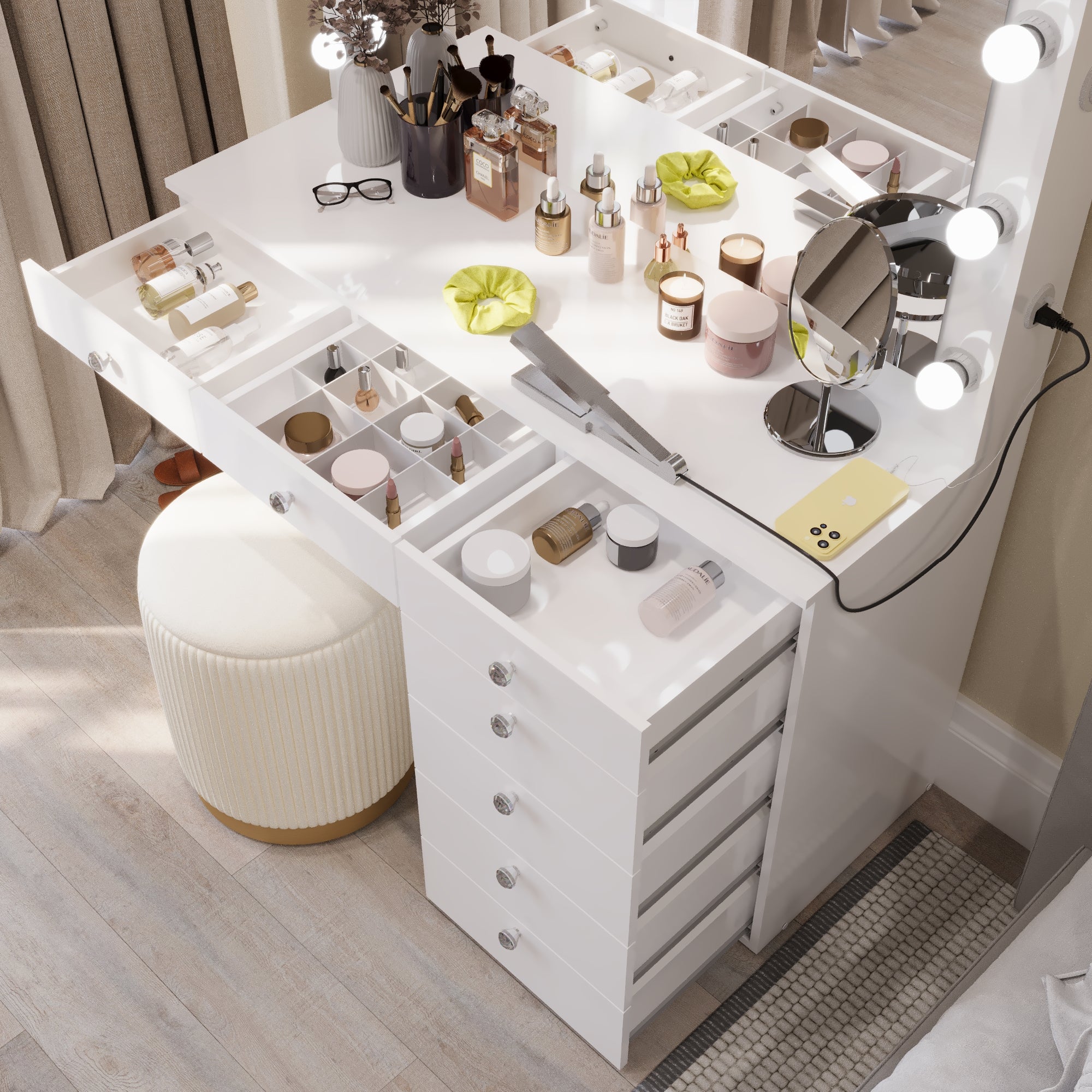 Sara Makeup Vanity with Crystal Knobs, Bright Lights, and Charging Station | Premium Boahaus Vanity