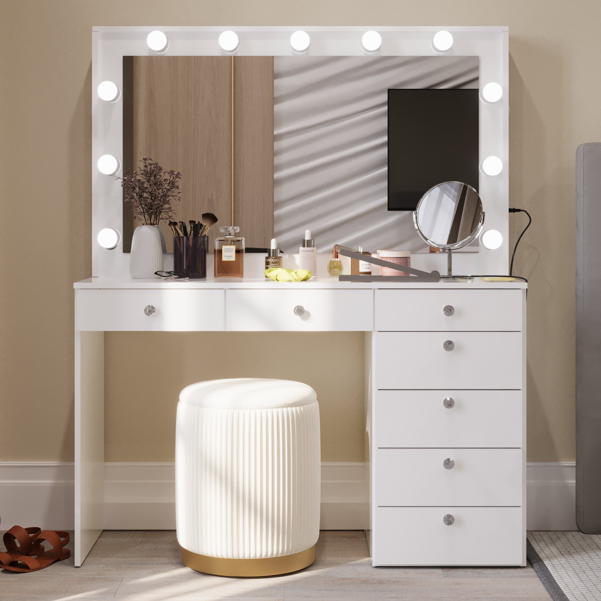 Sara Makeup Vanity with Crystal Knobs, Bright Lights, and Charging Station | Premium Boahaus Vanity