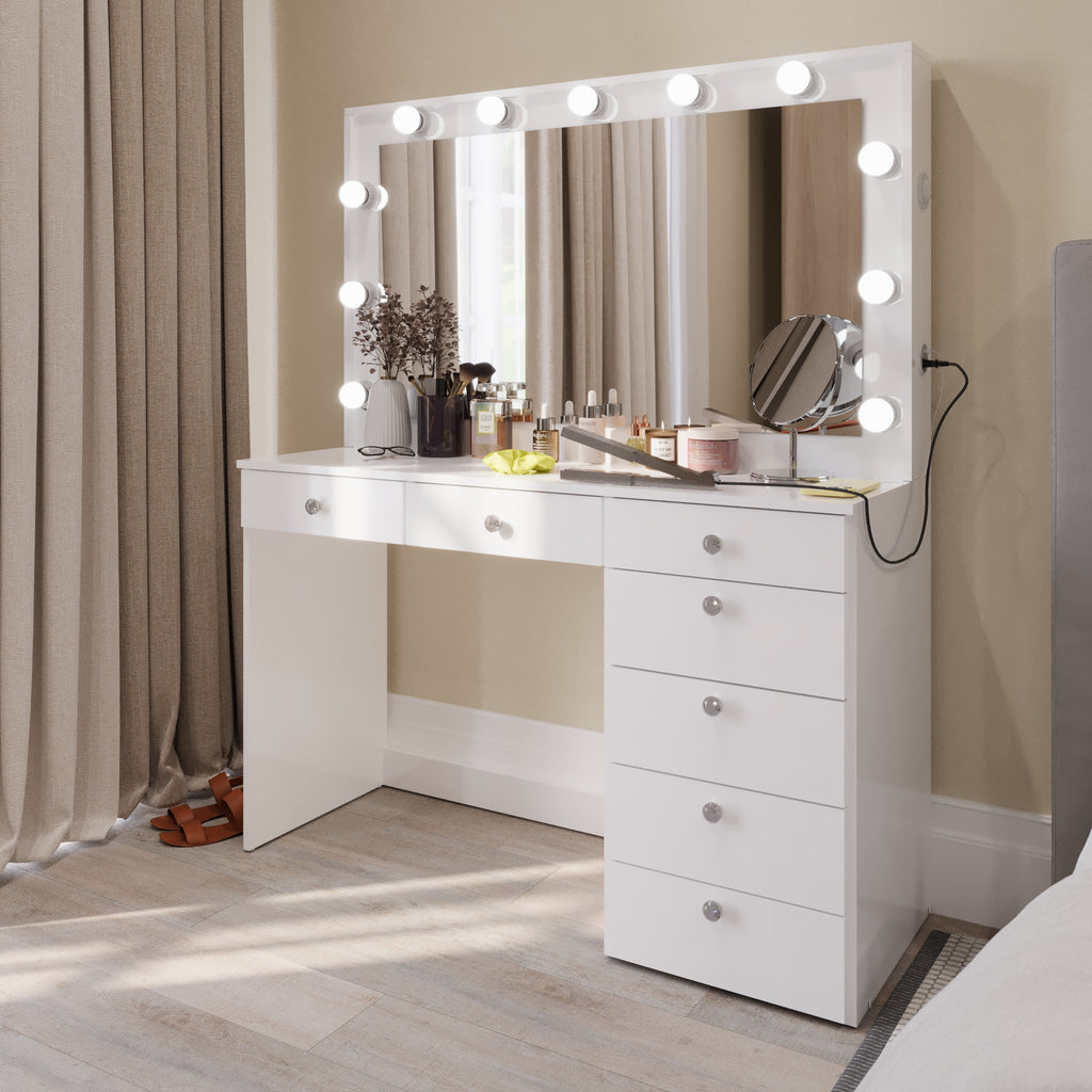Sara Makeup Vanity with Crystal Knobs, Bright Lights, and Charging Station | Premium Boahaus Vanity