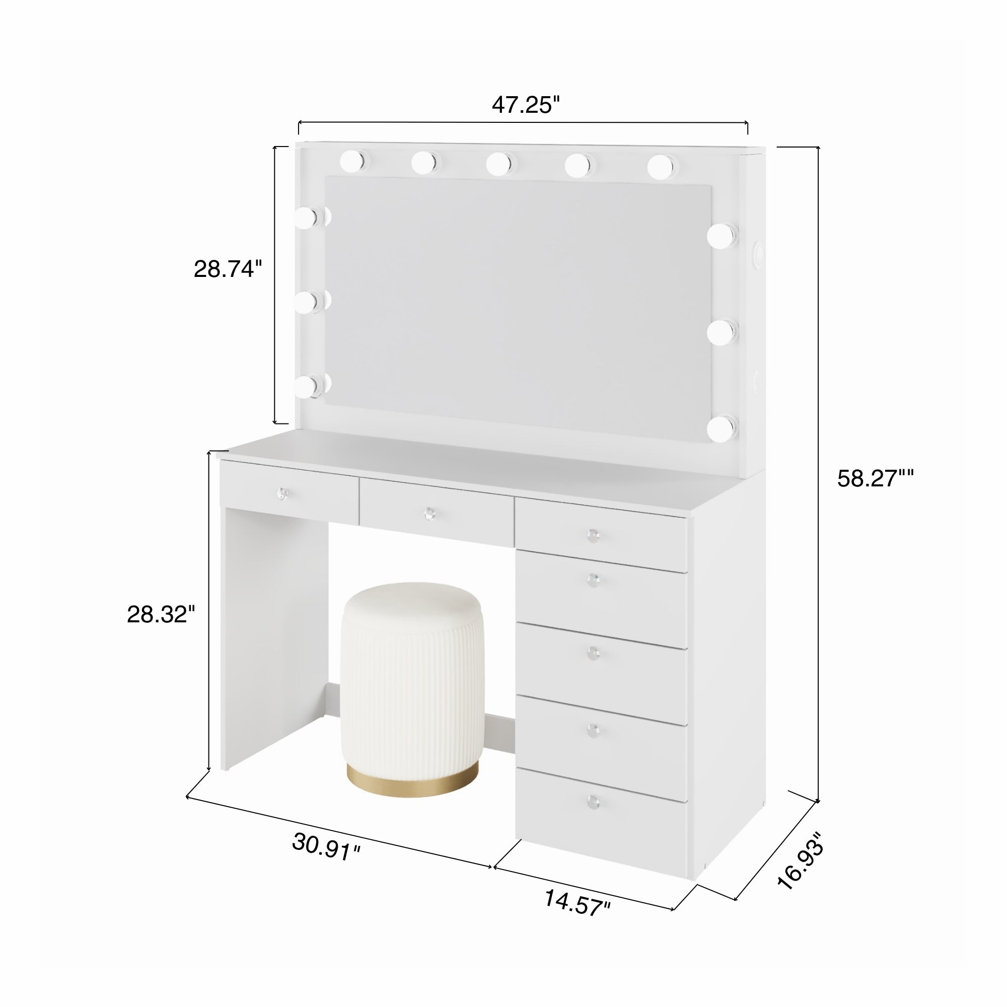 Sara Makeup Vanity with Crystal Knobs, Bright Lights, and Charging Station | Premium Boahaus Vanity