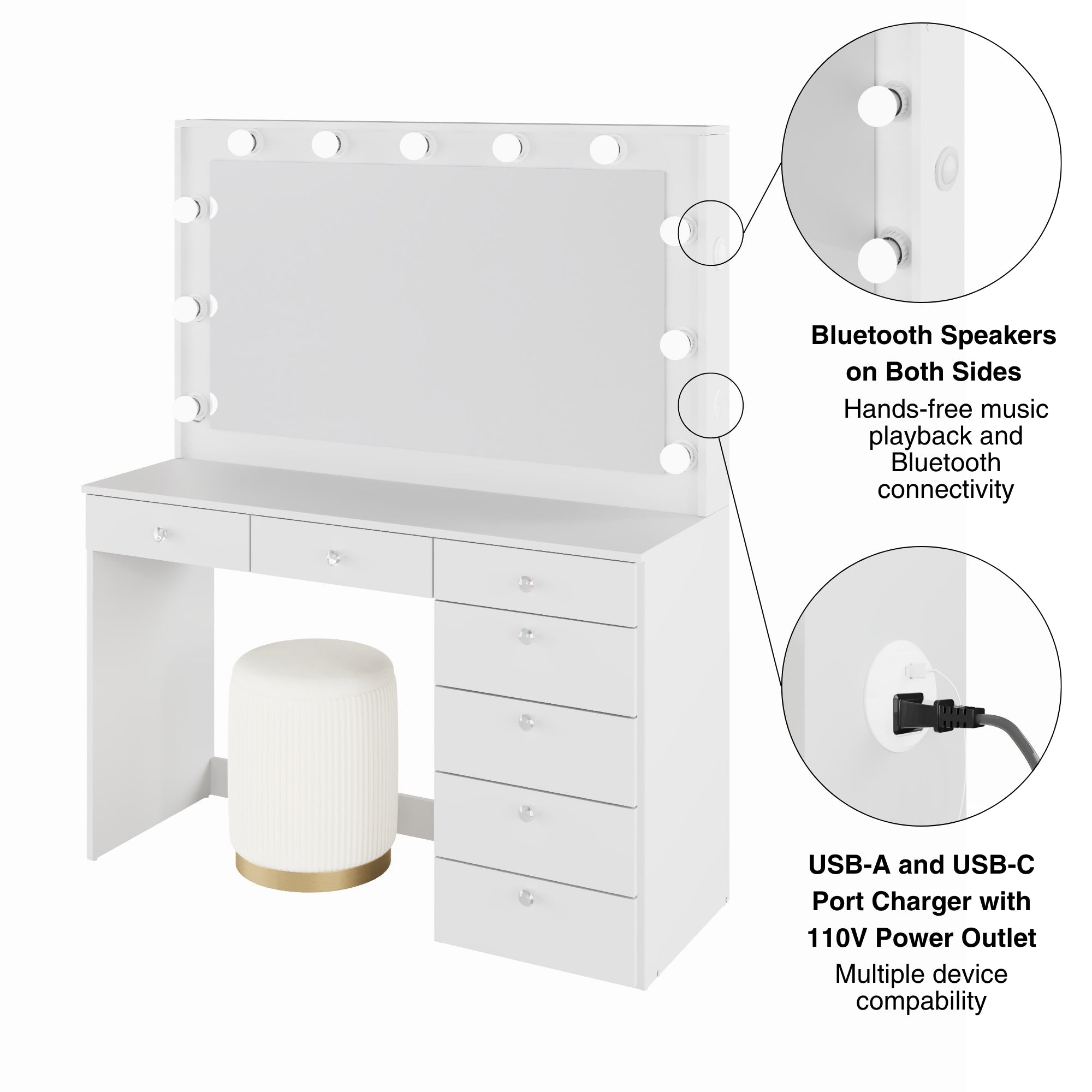 Sara Makeup Vanity with Crystal Knobs, Bright Lights, and Charging Station | Premium Boahaus Vanity
