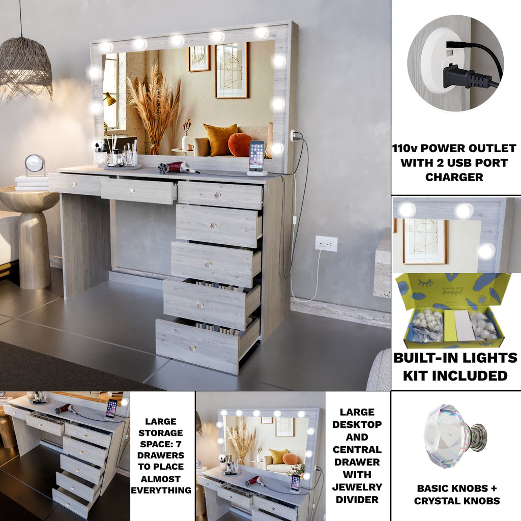Boahaus Diana Makeup Vanity Desk with Built-in Lights, Storage & USB Ports | Premium Design