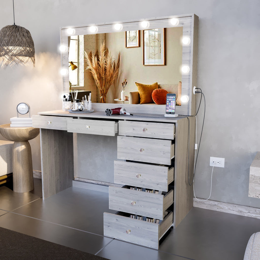 Boahaus Diana Makeup Vanity Desk with Built-in Lights, Storage & USB Ports | Premium Design