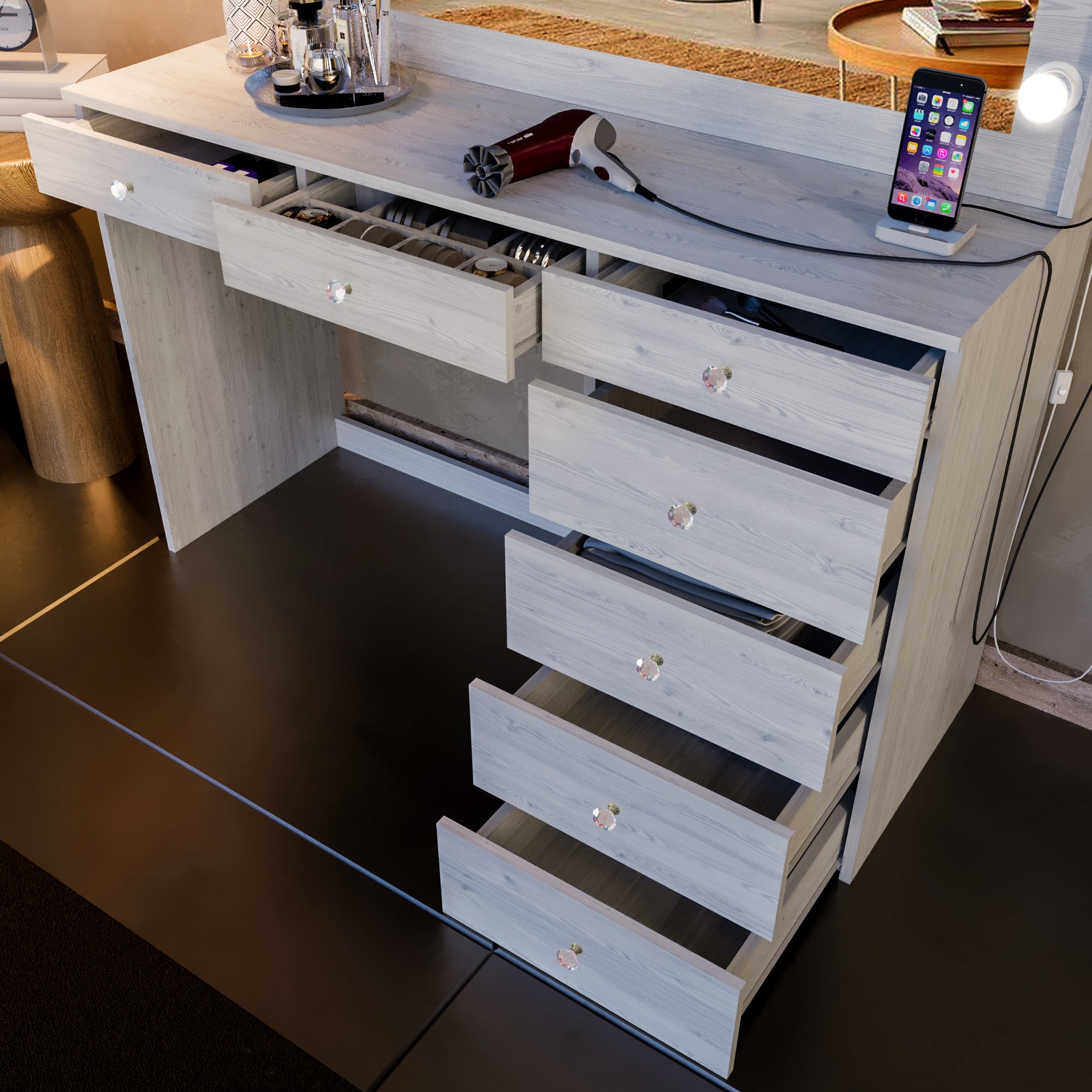 Boahaus Diana Makeup Vanity Desk with Built-in Lights, Storage & USB Ports | Premium Design