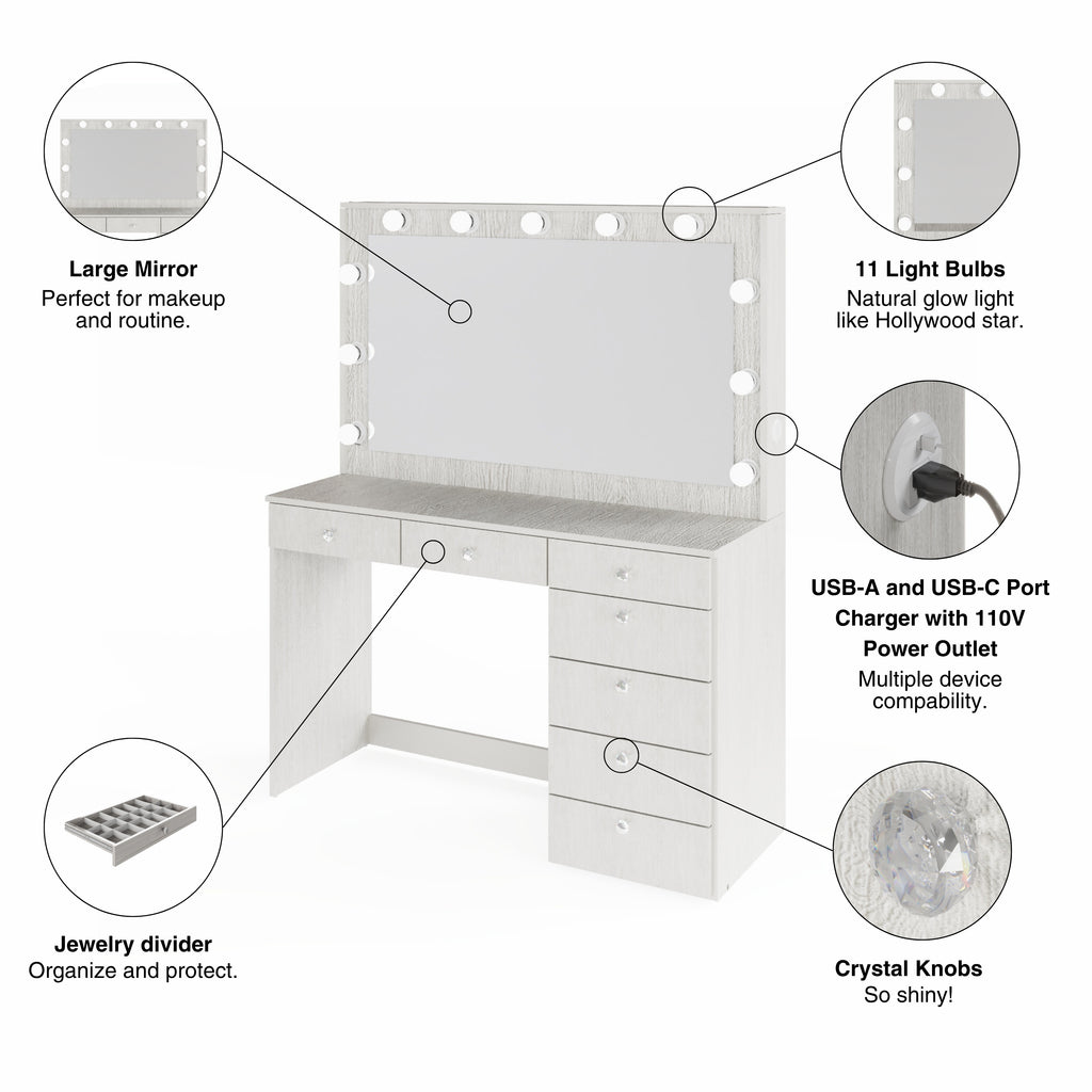 Boahaus Diana Makeup Vanity Desk with Built-in Lights, Storage & USB Ports | Premium Design
