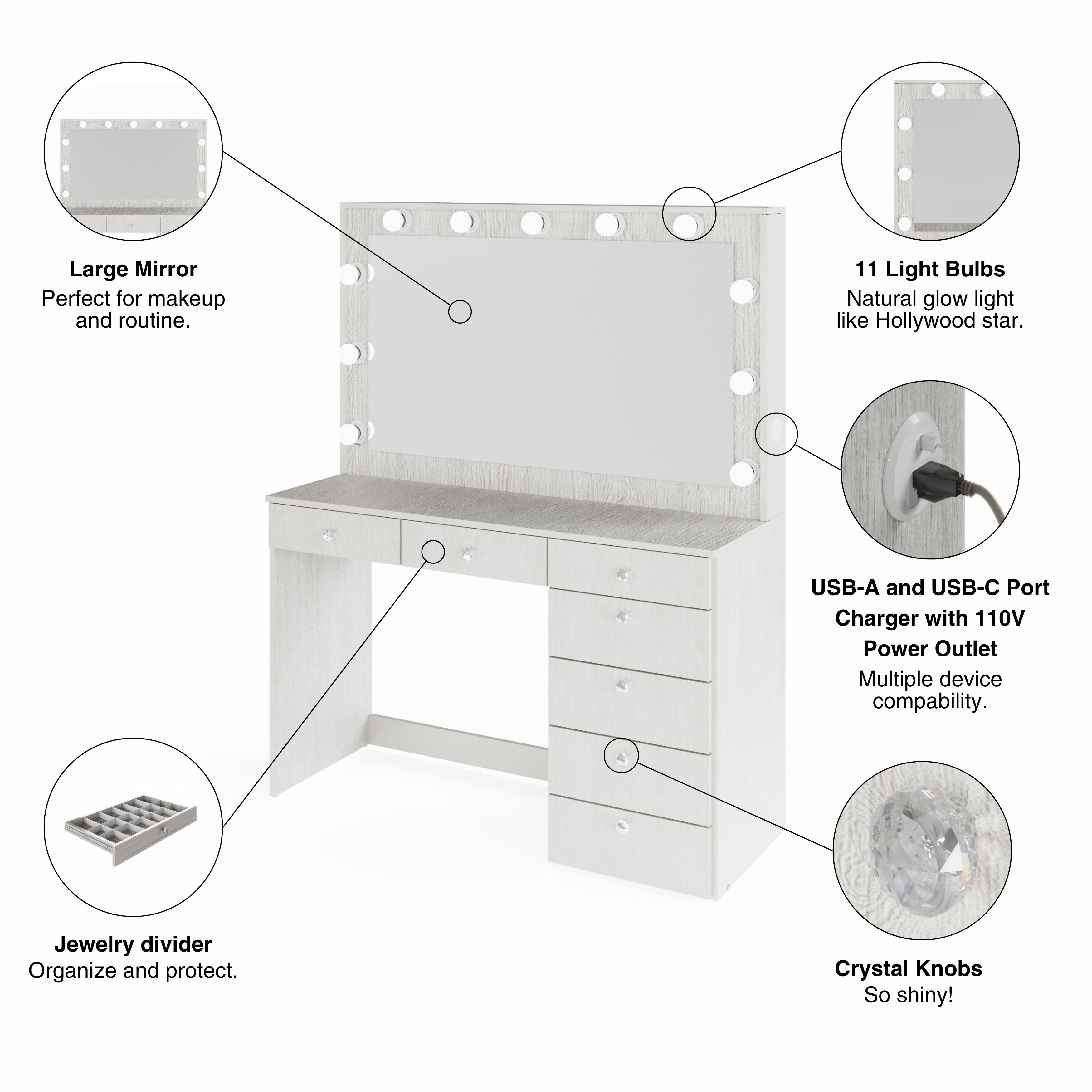 Boahaus Diana Makeup Vanity Desk with Built-in Lights, Storage & USB Ports | Premium Design
